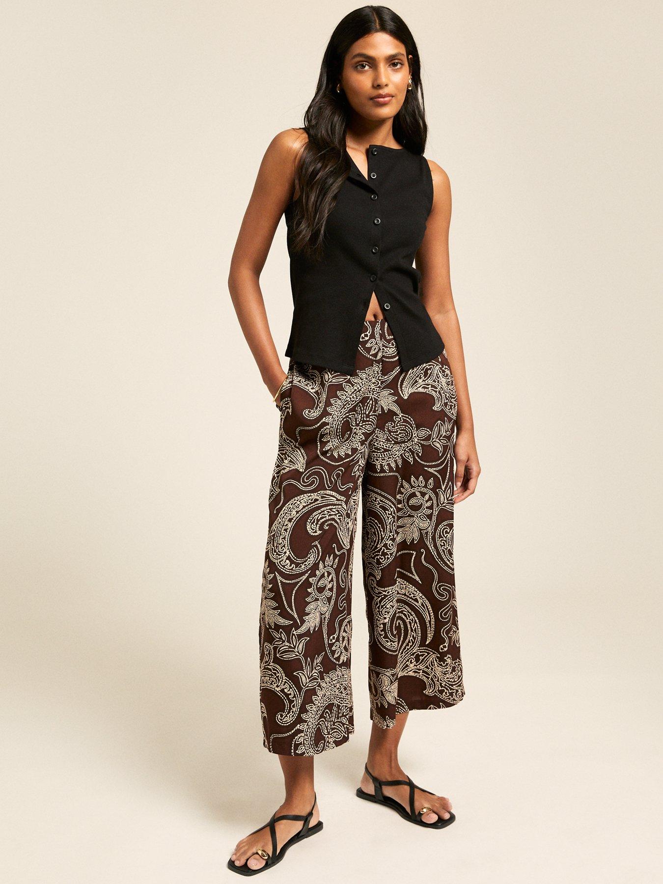 undefined Paisley Print Wide Leg Cropped Trousers - Brown