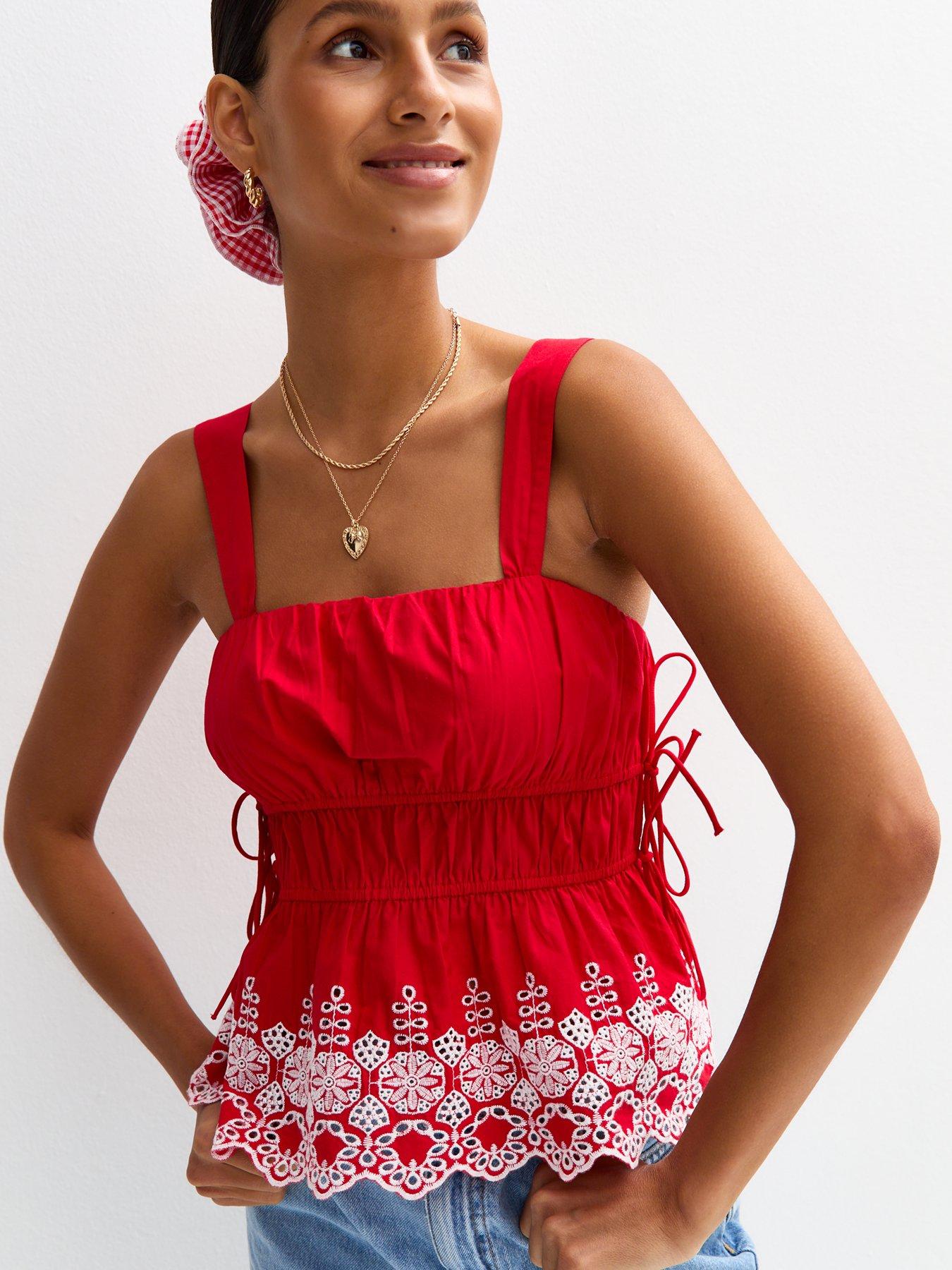 undefined Floral Embroidered Shirred Cami Top - Red