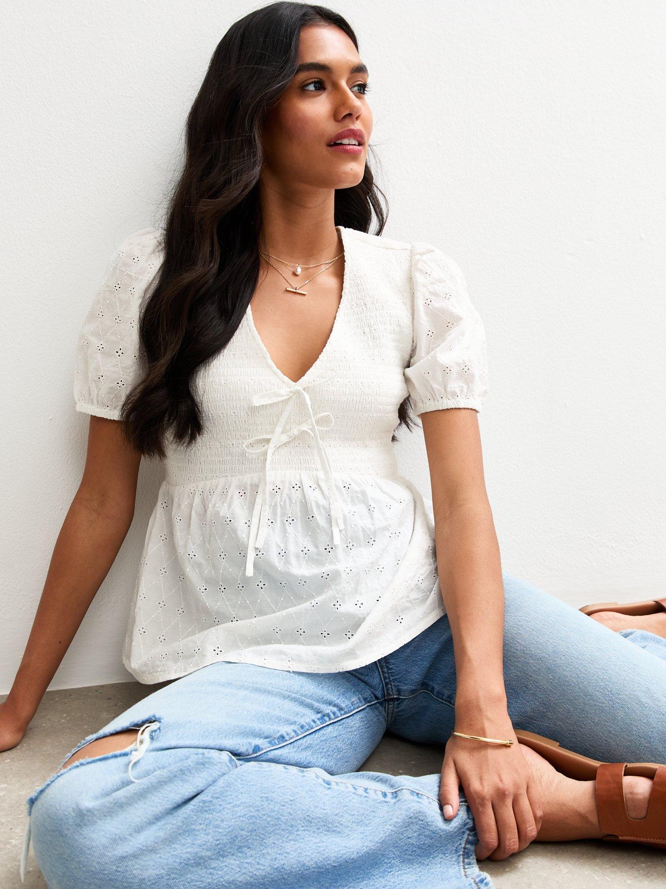 undefined Broderie Anglaise Tie Detail Top - White