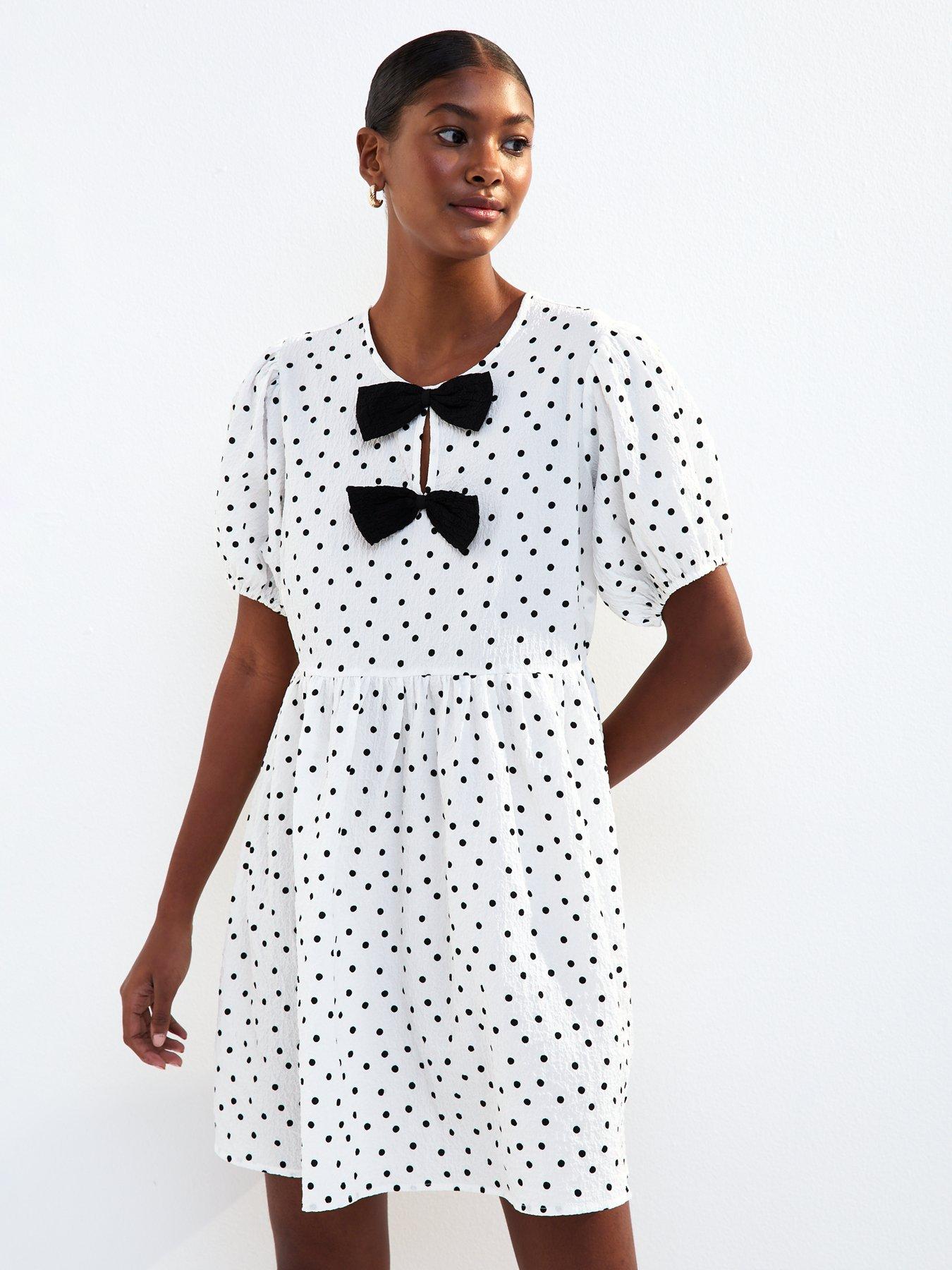 New Look White Bow Front Polka Dot Crinkle Texture Mini Dress | Very