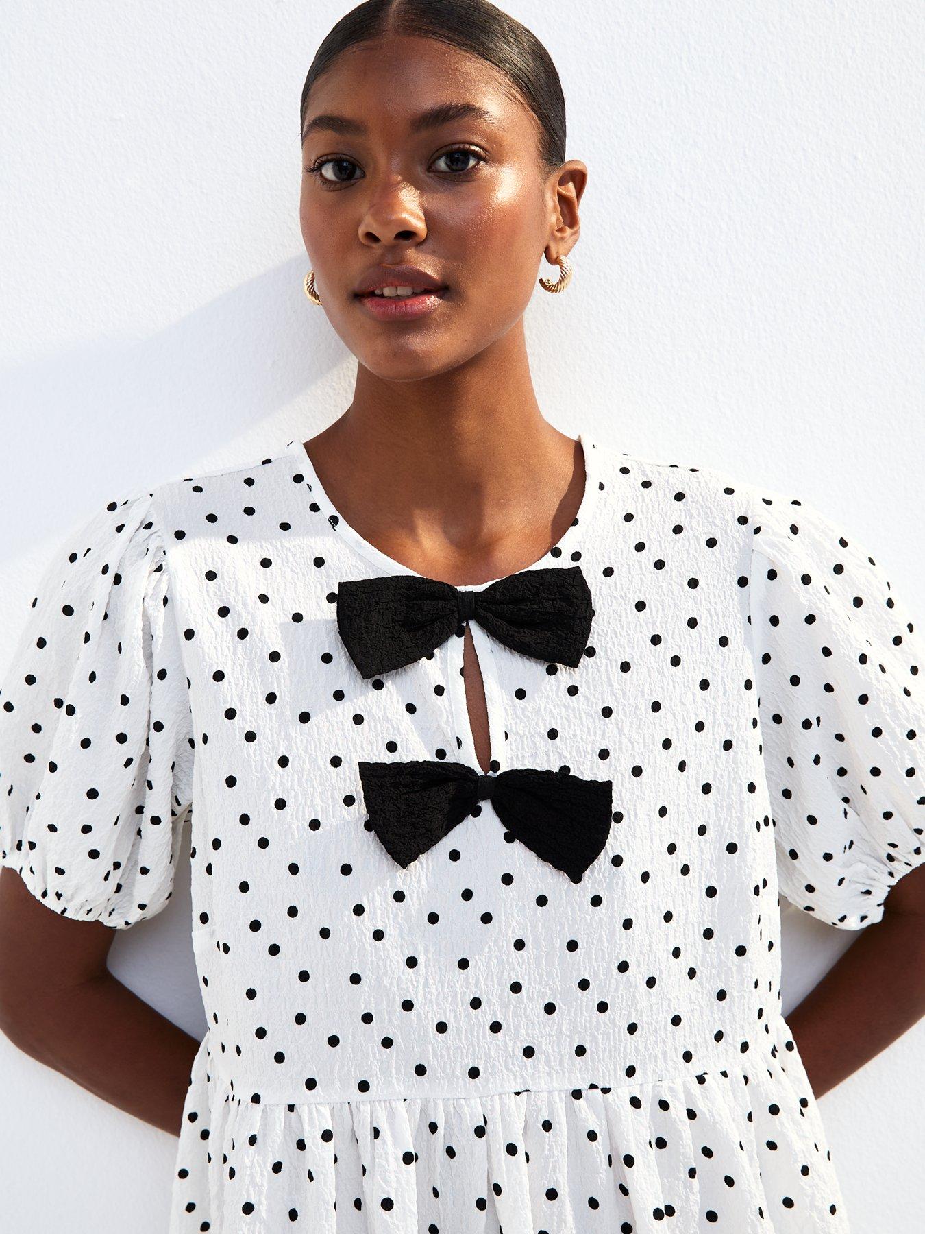 New Look White Bow Front Polka Dot Crinkle Texture Mini Dress | Very