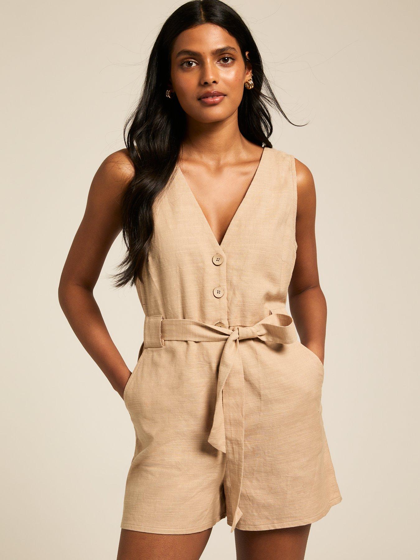undefined Stone V-Neck Belted Playsuit - Beige