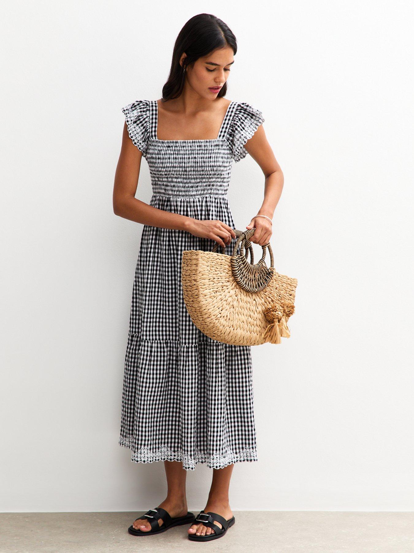 undefined Black Gingham Print Embroidered Frill Sleeve Tiered Midi Dress