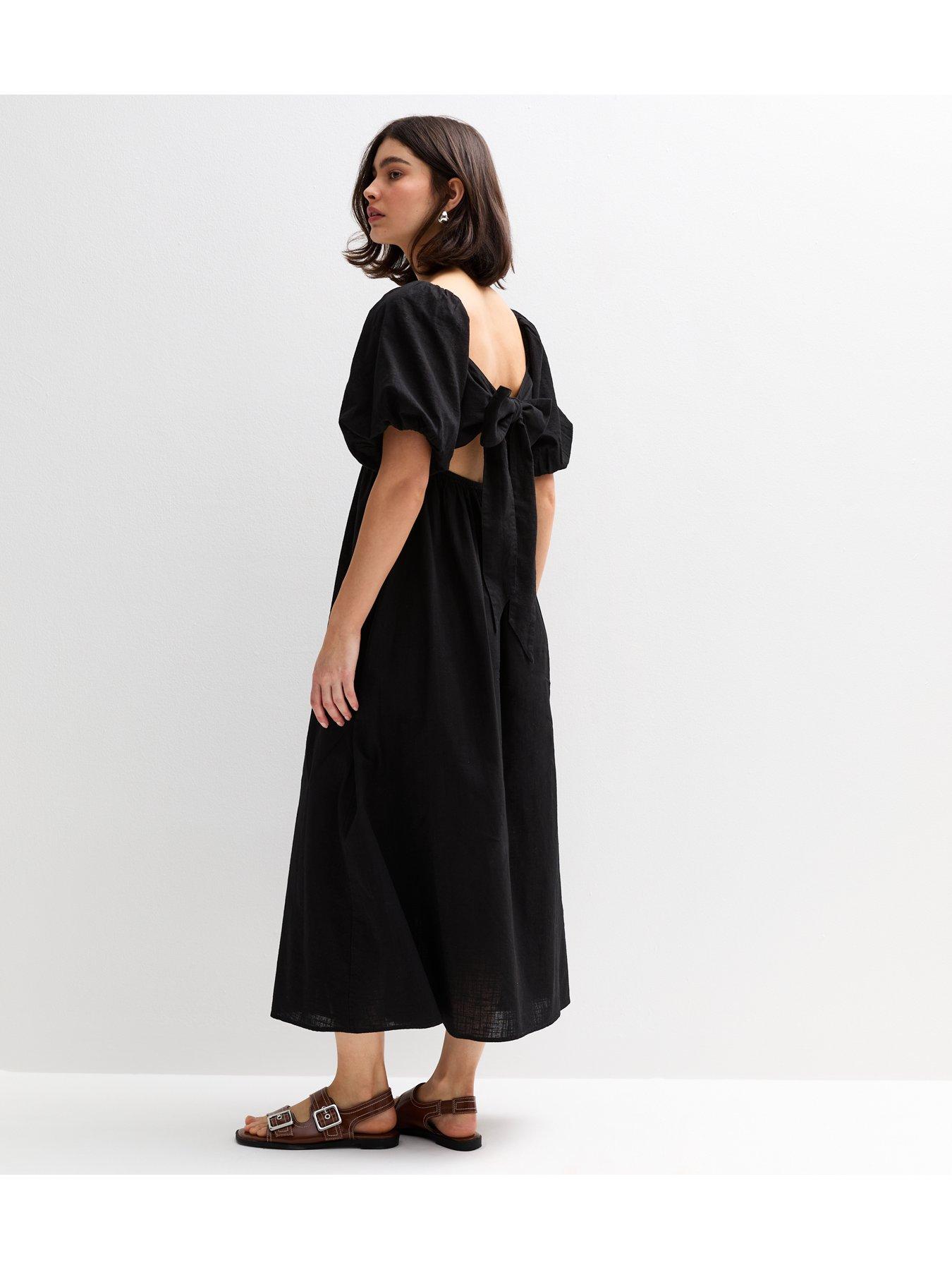 Image 2 of 5 of New Look Puff Sleeve Knotted Front Midi Dress - Black