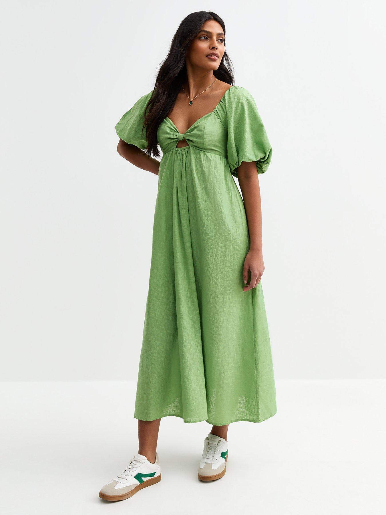 undefined Puff Sleeve Knotted Front Midi Dress - Green