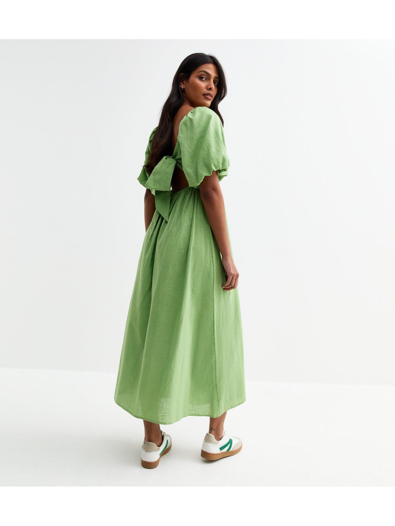 new look green tea dress Puff Sleeve Knotted Front Midi - Gatsby Prom Dresses