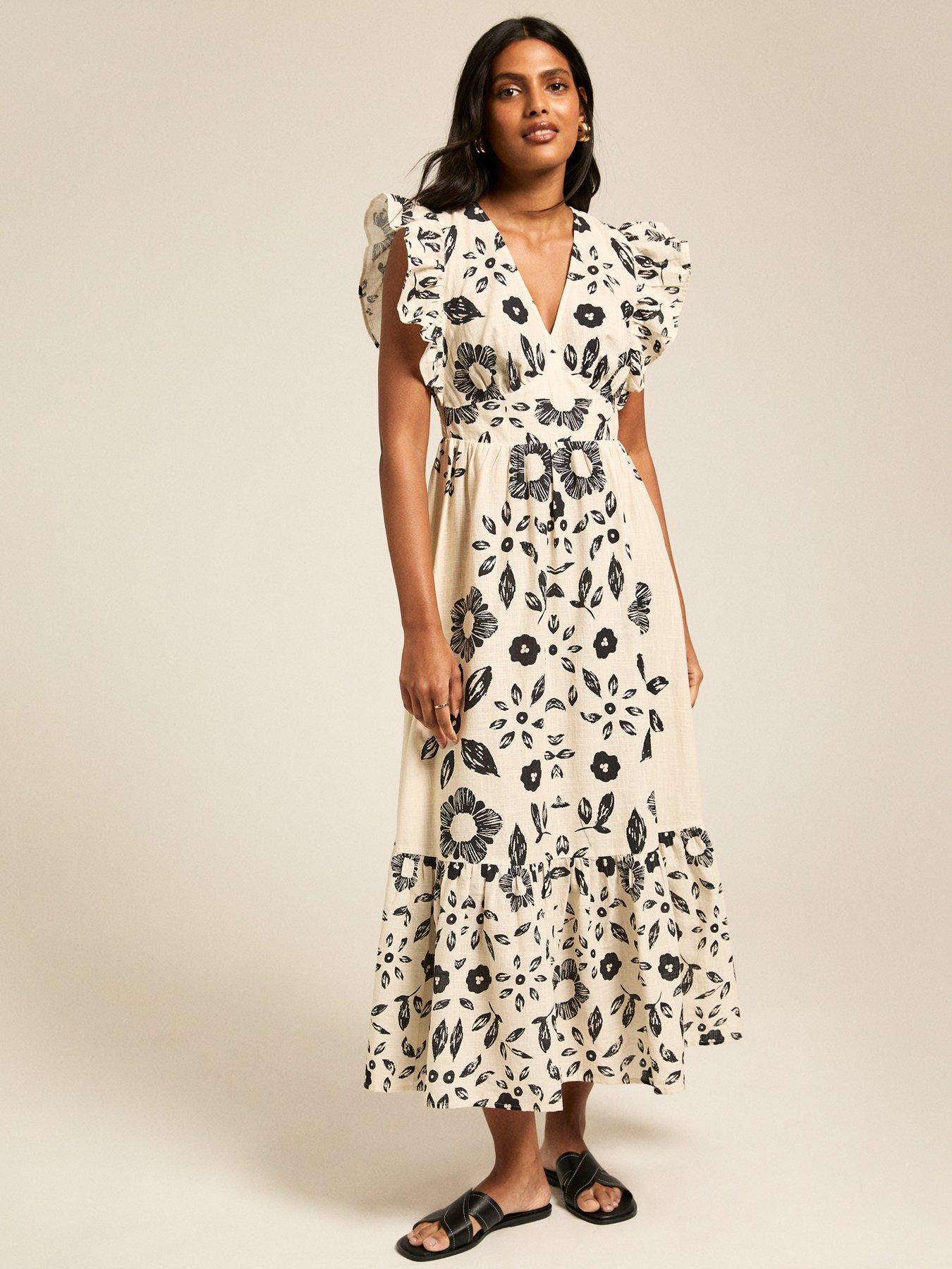 New Look Floral Print Frill Sleeve Midi Dress Cream Very