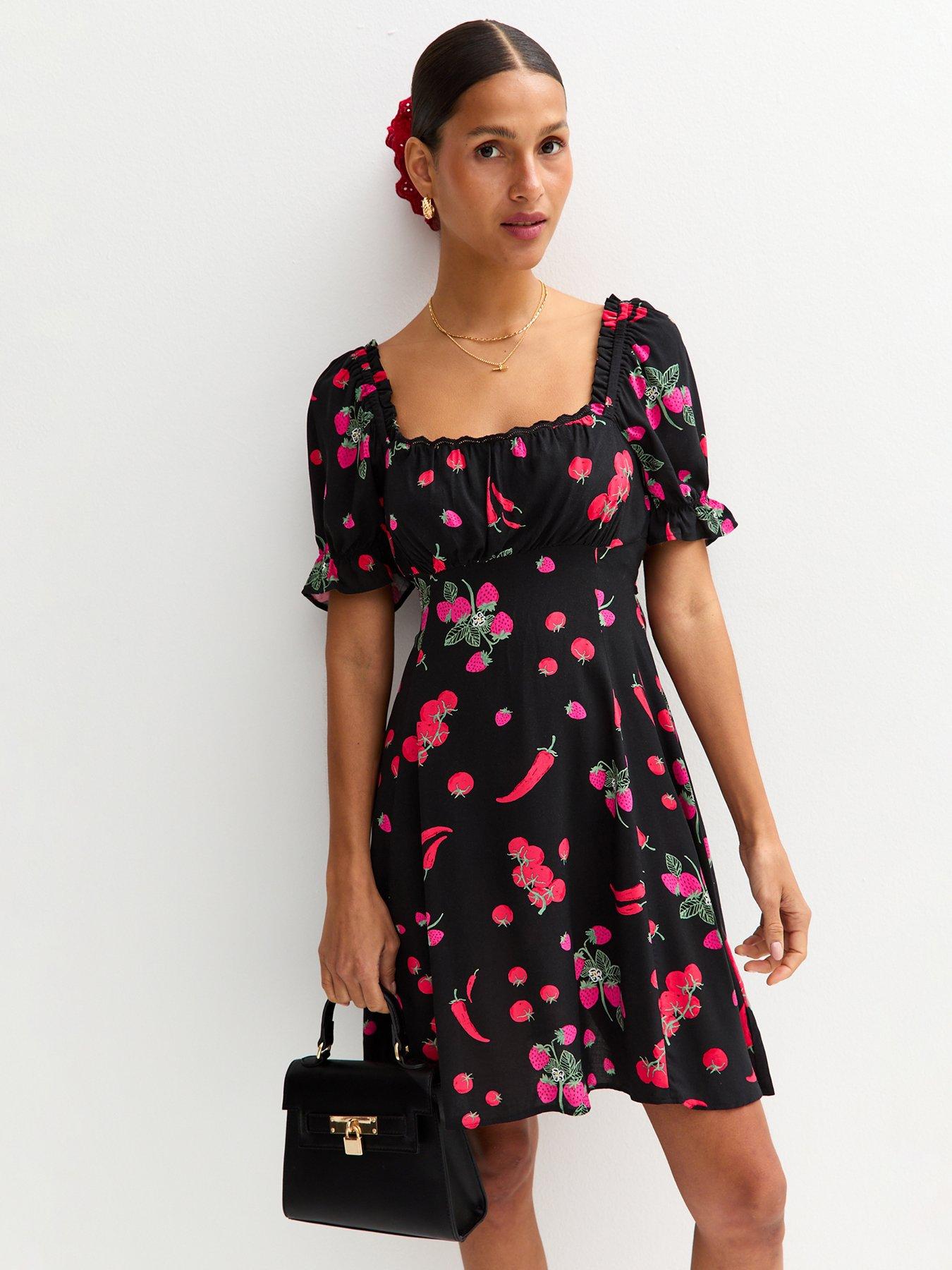 undefined Black Berry Print Milkmaid Mini Dress