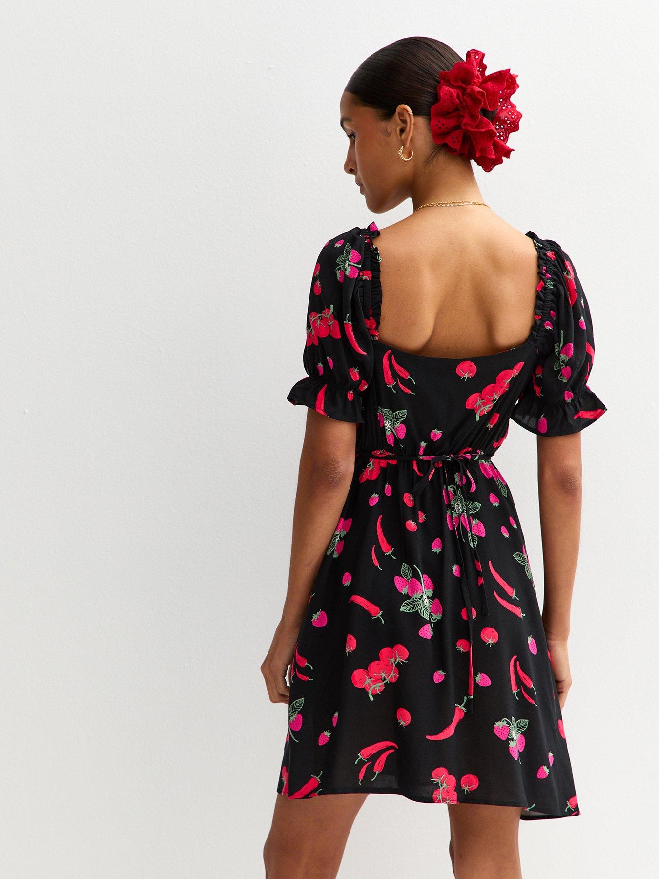 Image 2 of 4 of New Look Black Berry Print Milkmaid Mini Dress