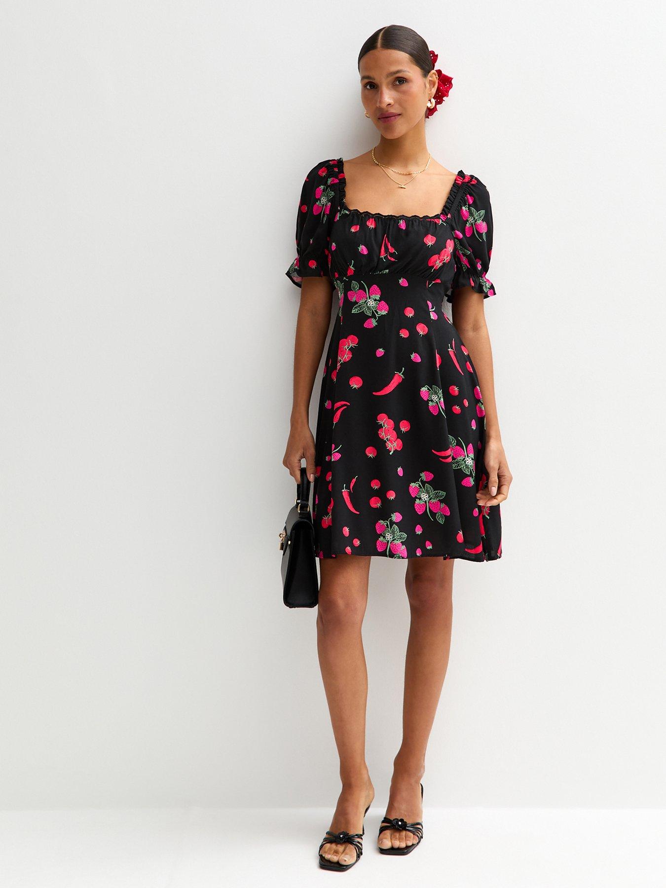Image 3 of 4 of New Look Black Berry Print Milkmaid Mini Dress