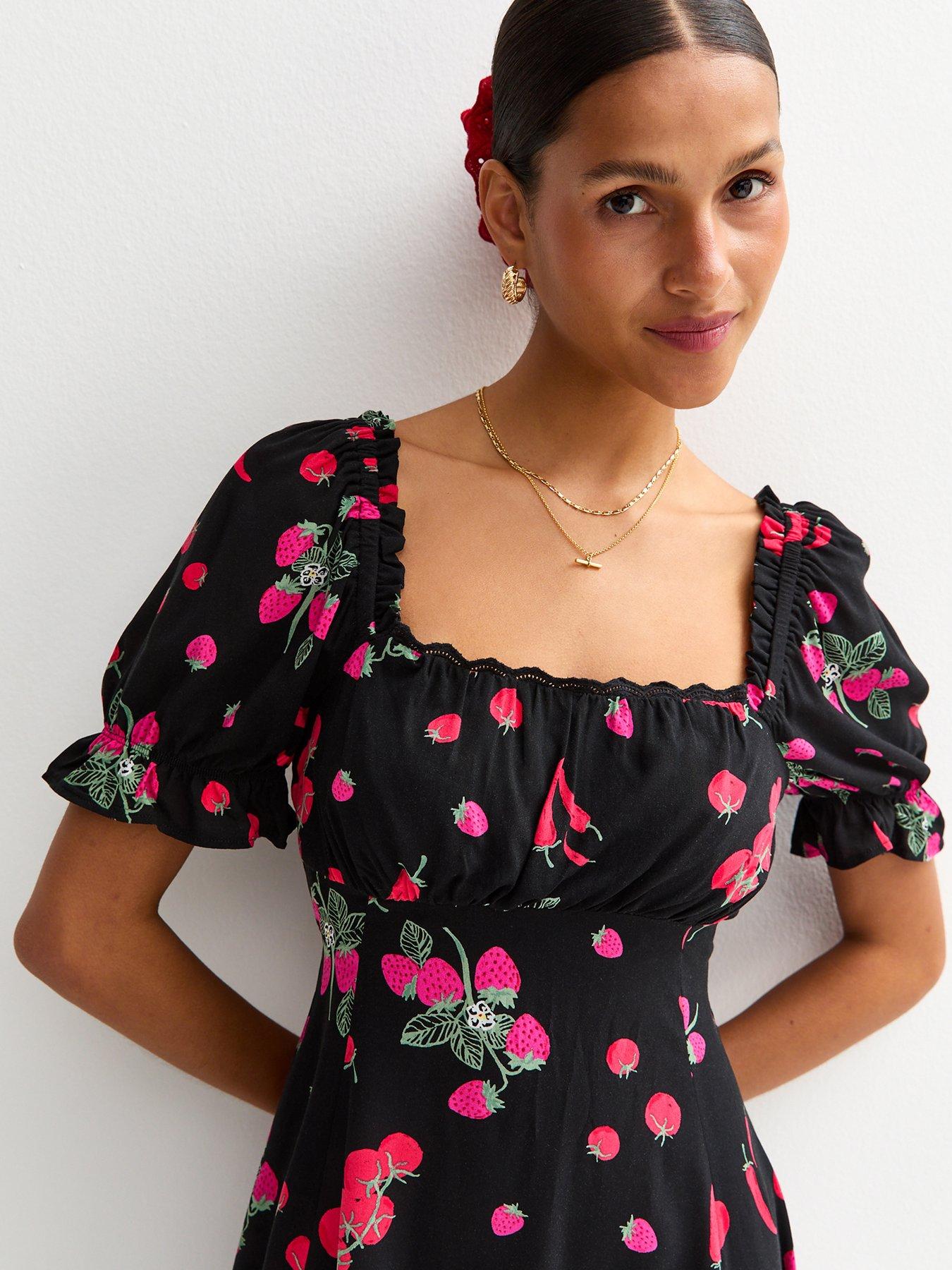 Image 4 of 4 of New Look Black Berry Print Milkmaid Mini Dress