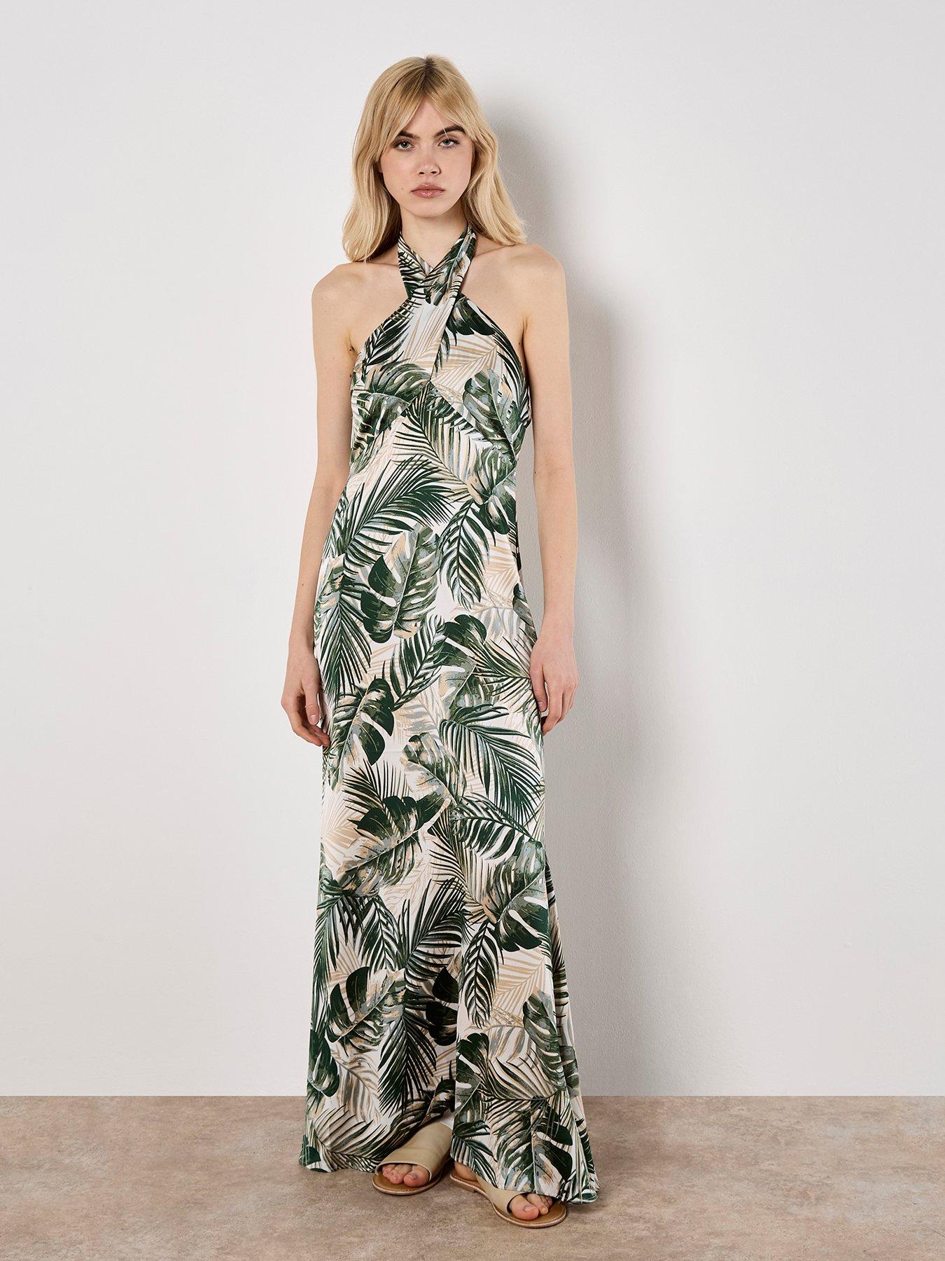 undefined Tropical Leafy Text Satin Dress - Khaki