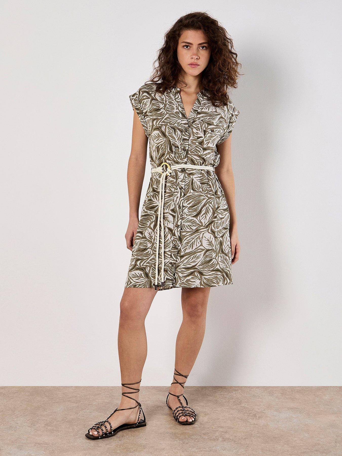 undefined Tribal Leaf Grandad Collar Dress - Green