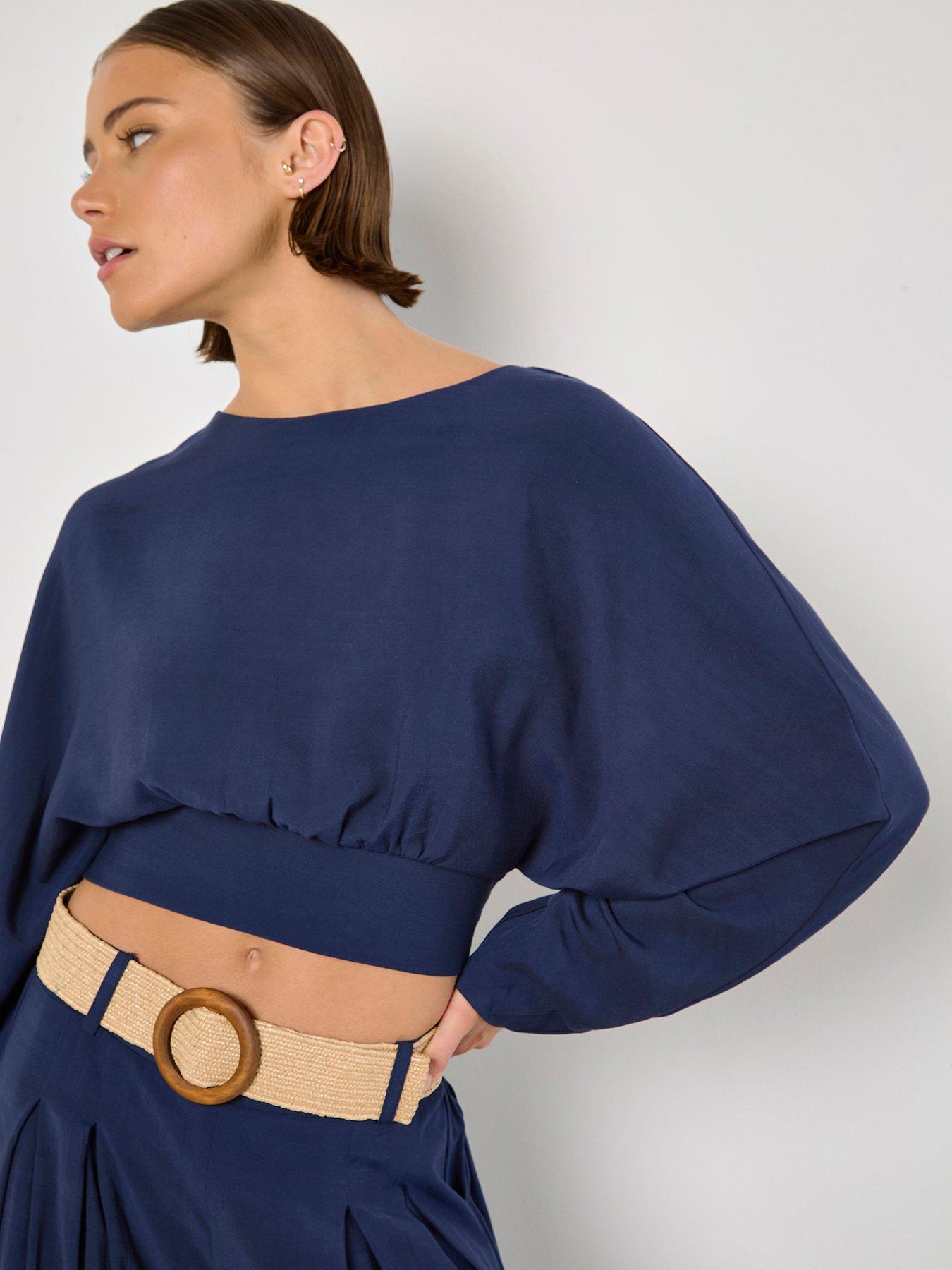 undefined Cuff Crop Open Back Batwing Top - Navy