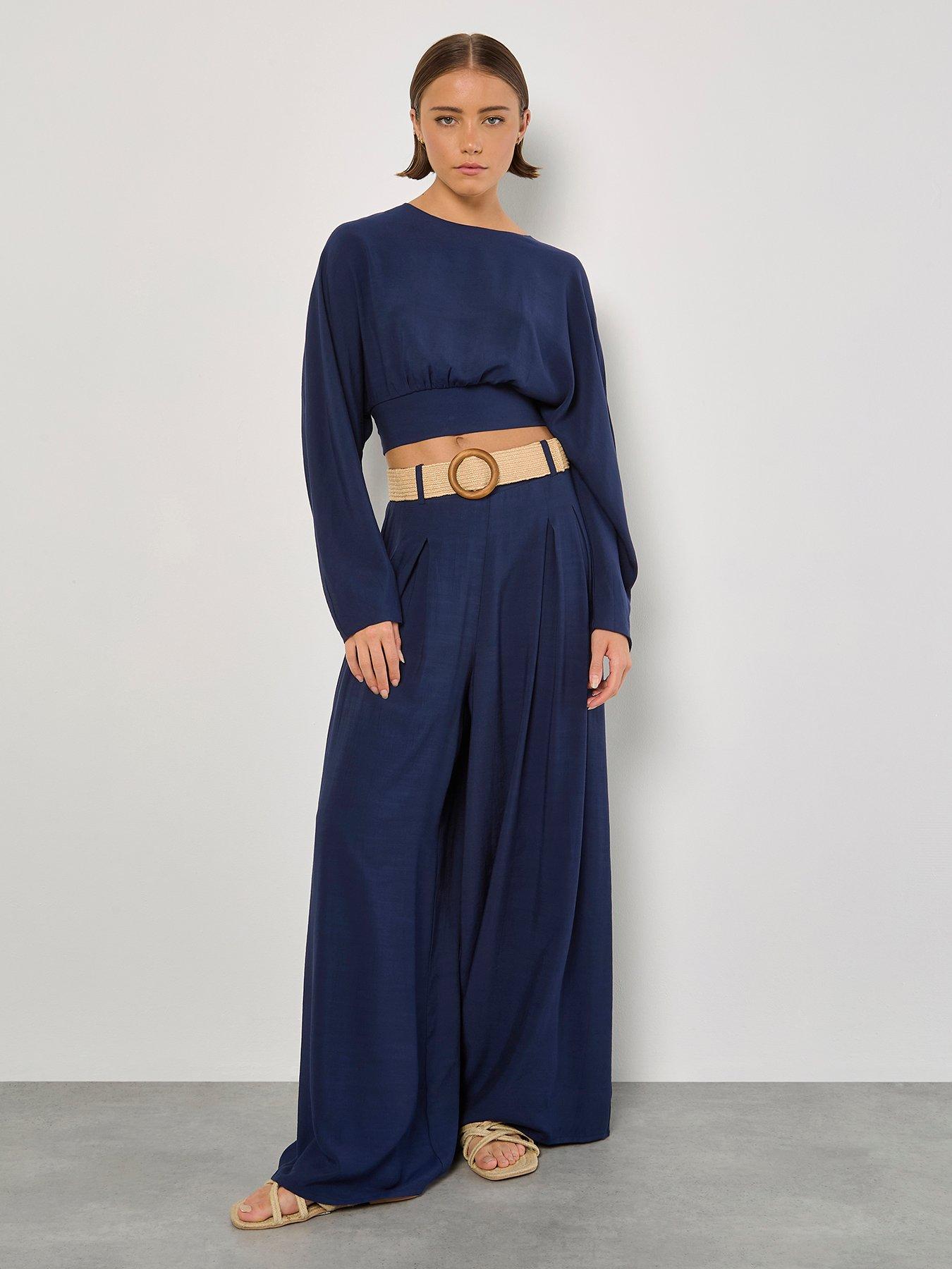 Image 3 of 5 of Apricot Cuff Crop Open Back Batwing Top - Navy