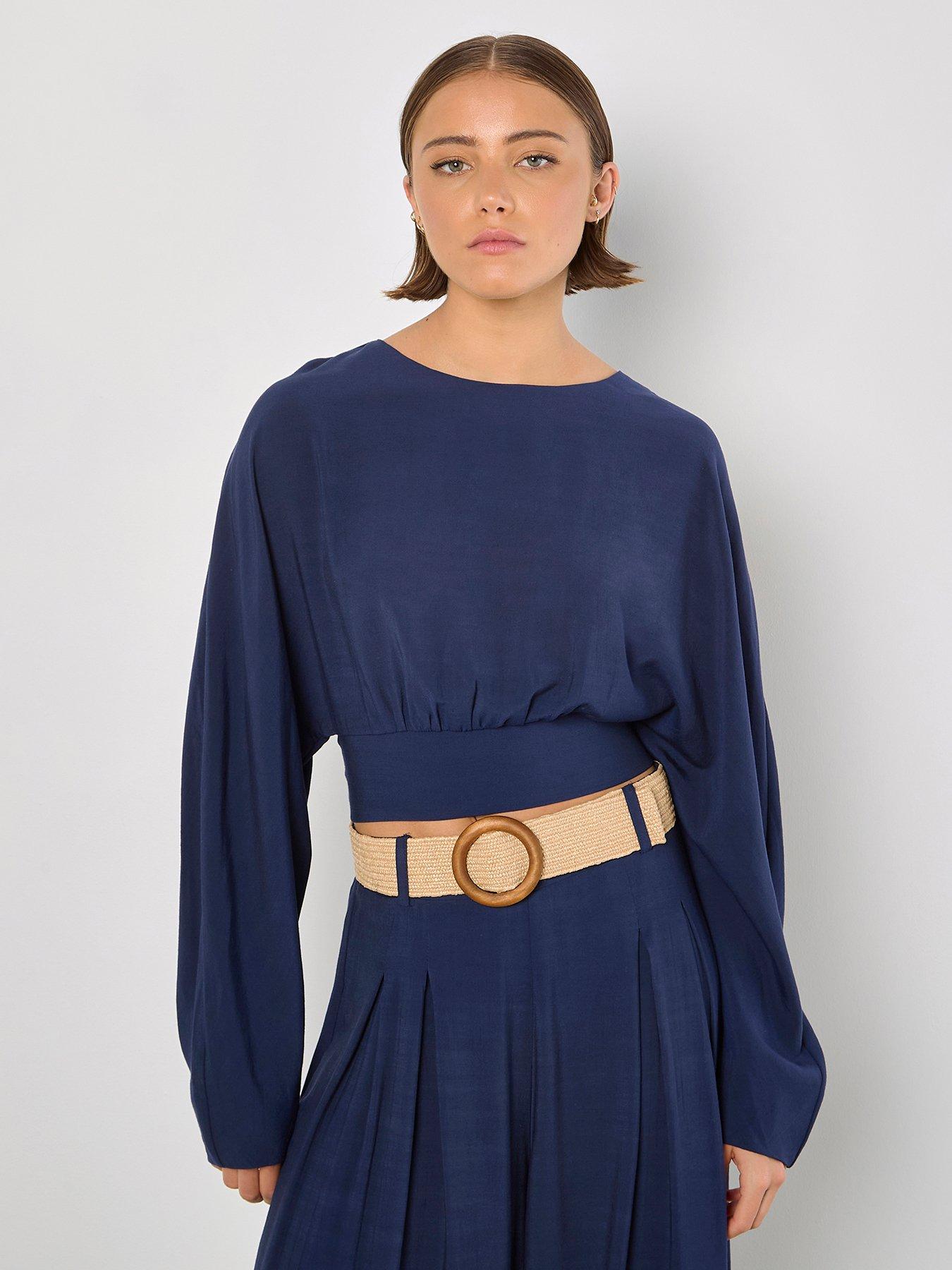 Image 4 of 5 of Apricot Cuff Crop Open Back Batwing Top - Navy