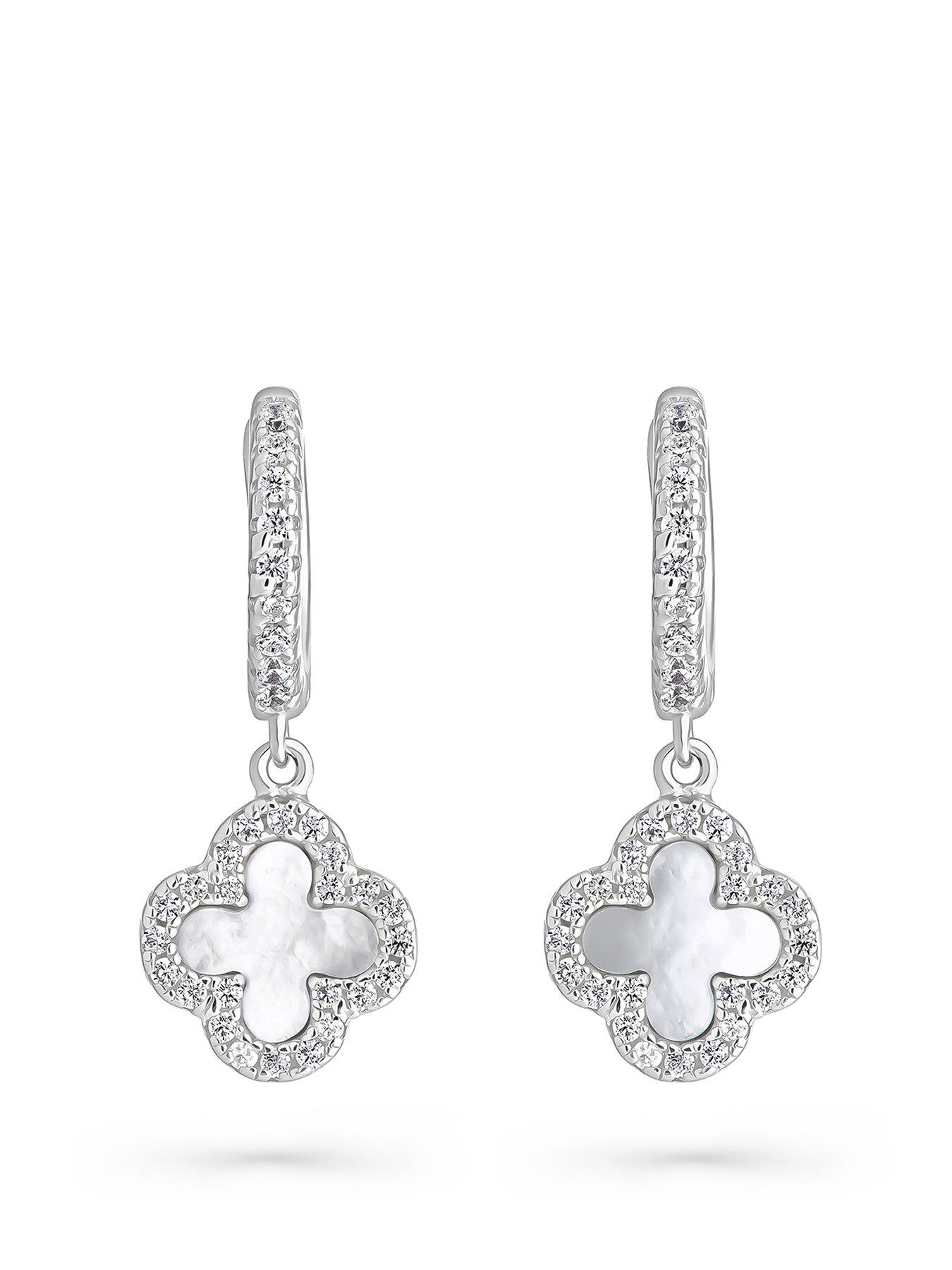 undefined Silver Cubic Zirconia Mother of Pearl Clover Hoop Earrings