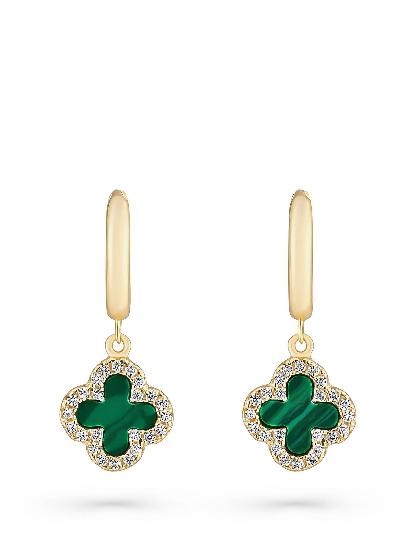undefined Yellow Gold Plated Cubic Zirconia Malachite Clover Hoop Drop Earrings