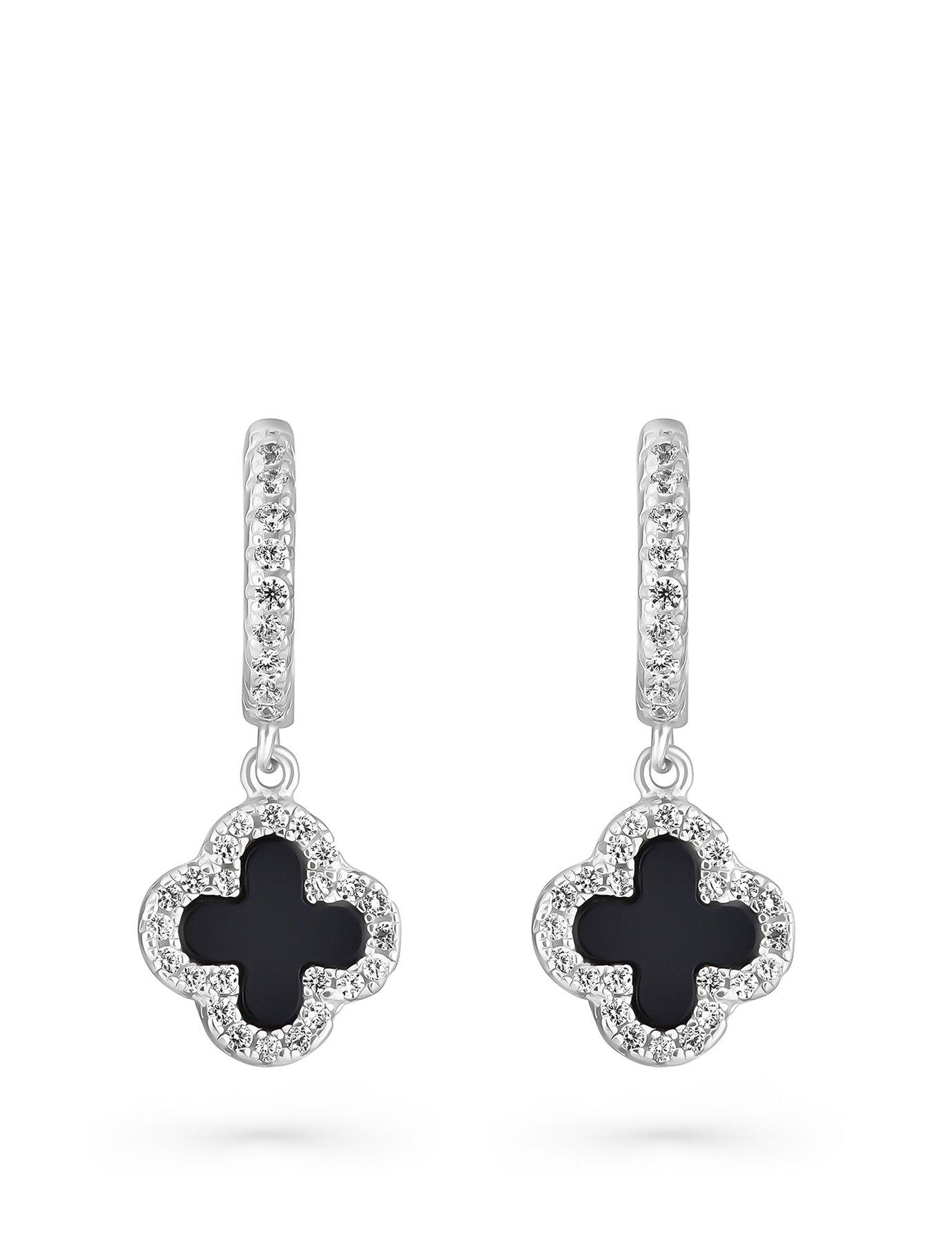 undefined Silver Cubic Zirconia Onyx Clover Hoop Drop Earrings