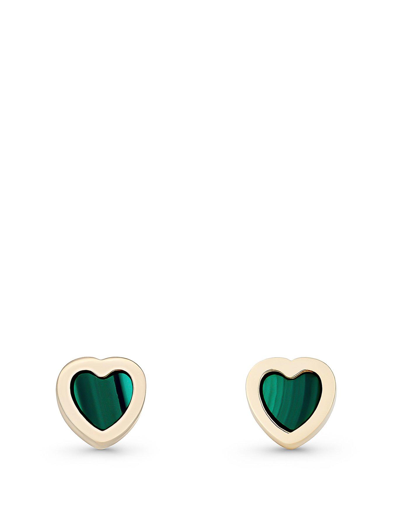 undefined 9ct Yellow Gold Malachite Heart Stud Earrings