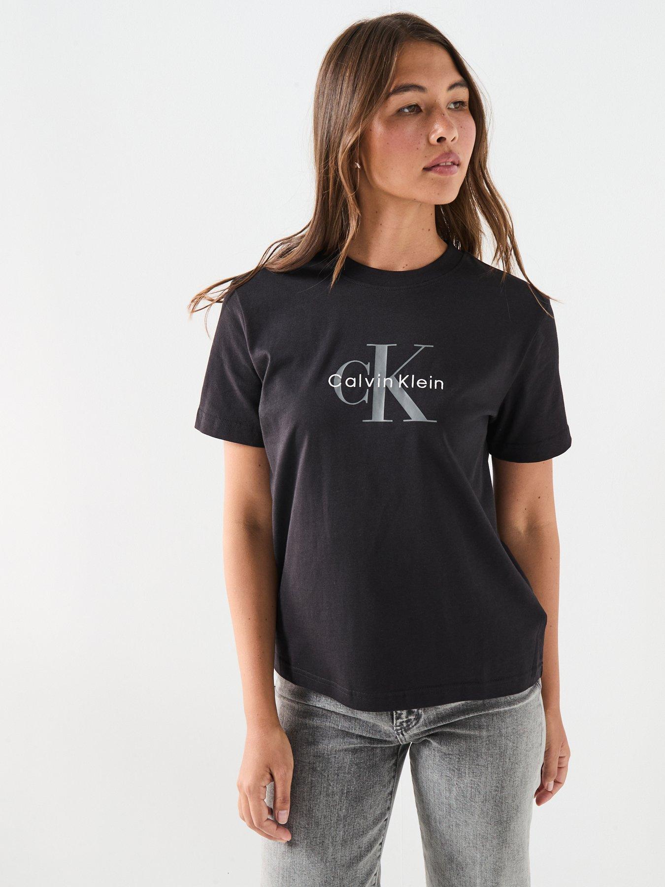 Calvin Klein Jeans Monologo Check T-Shirt, Black, Size M, Women