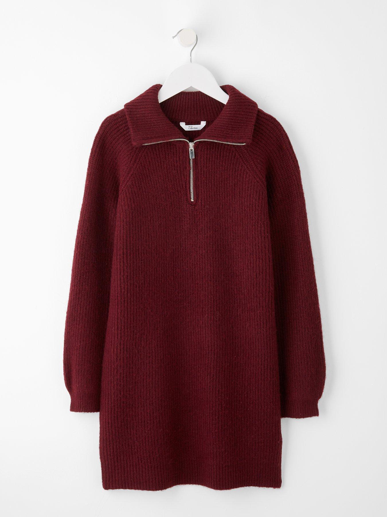 The Very Collection Girls Knitted Half Zip Up Jumper Dress - Burgundy/Red