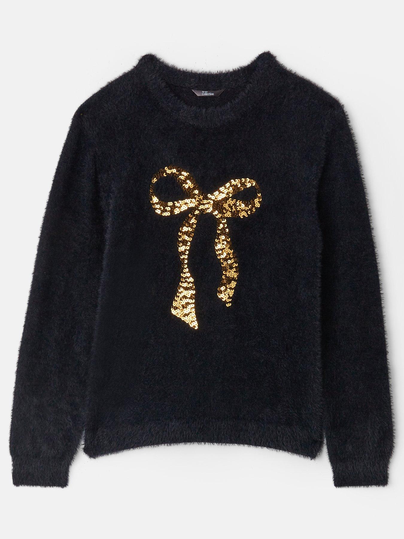 Image 1 of 4 of The Very Collection Girls Sequin Bow Fluffy Jumper - Black