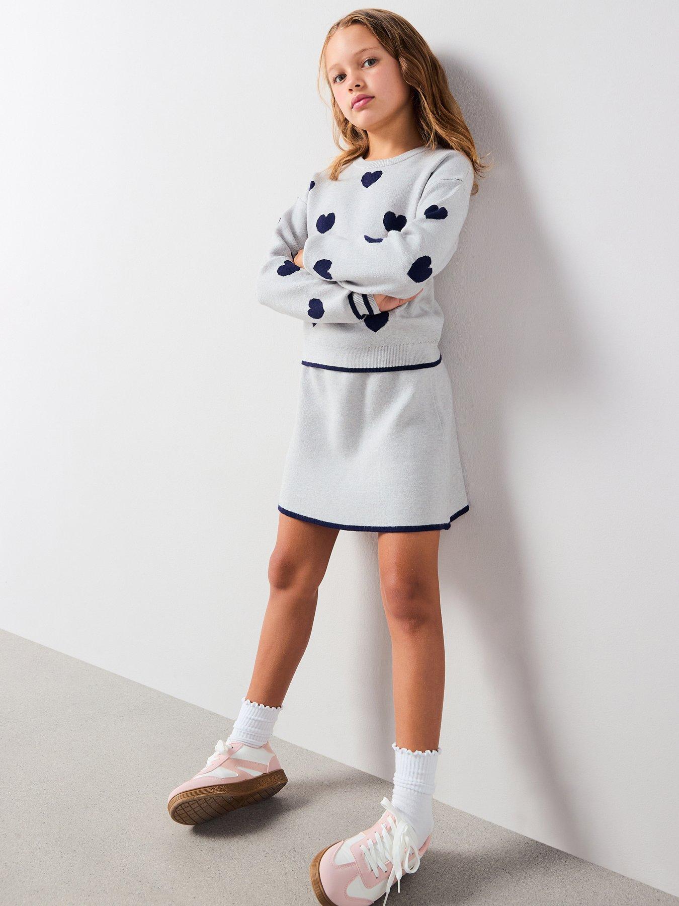 The Very Collection: Girls Heart Print Knitted Jumper and Skirt Set - Grey