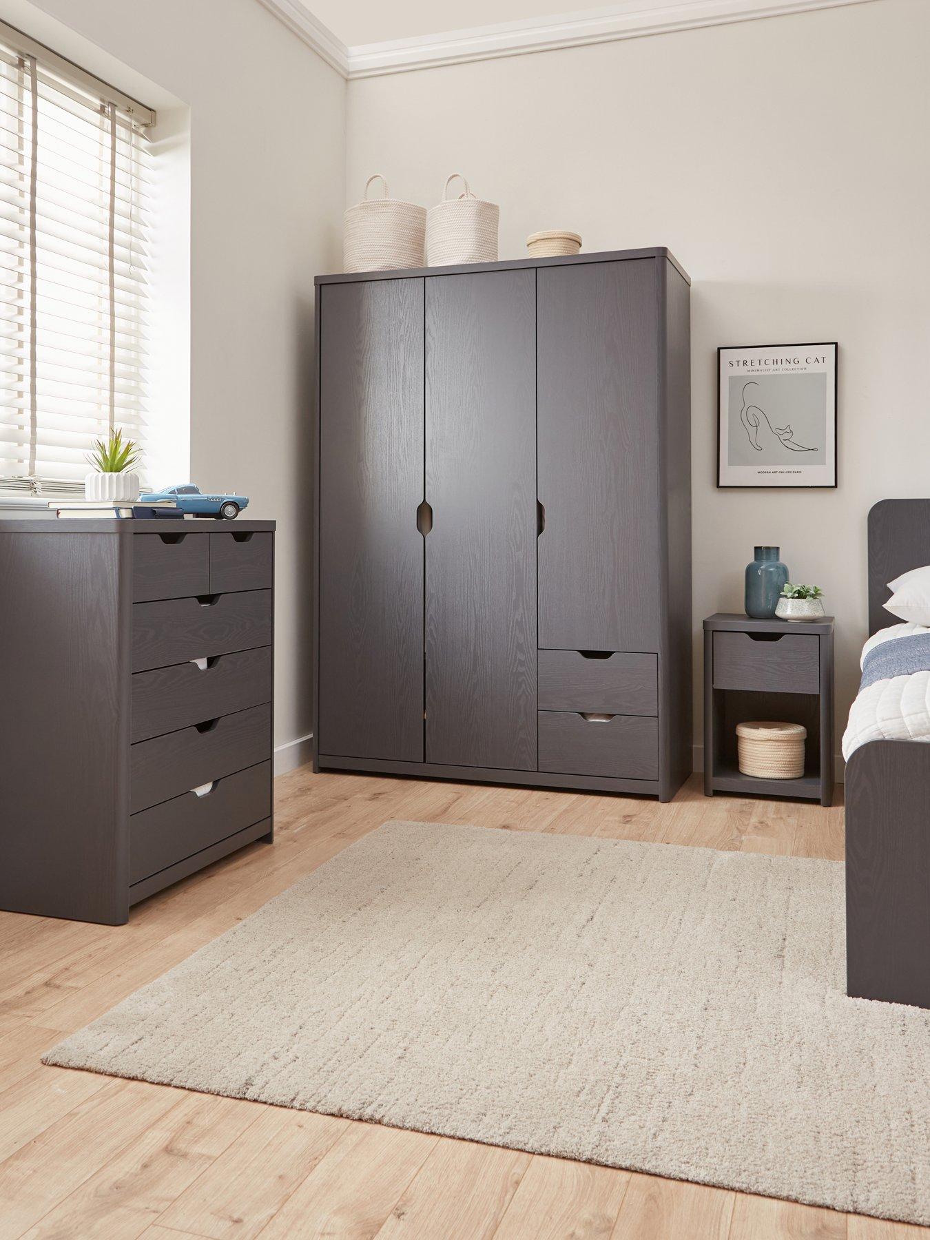undefined Aspen 3 Piece Package - 3 Door, 2 Drawer Wardrobe, 4 + 2 Chest and Bedside Table - Dark Grey