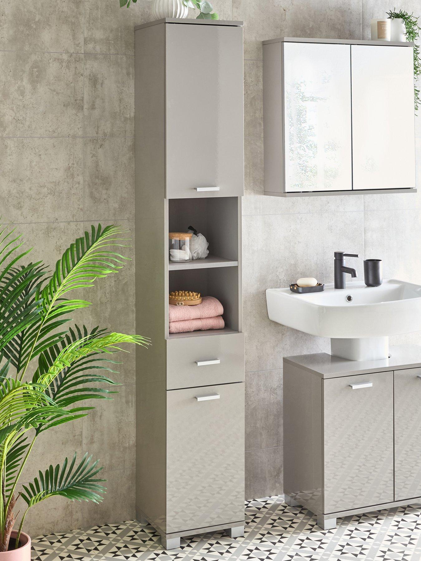 Very Home Rowan Gloss 2 Door, 1 Drawer Tall Bathroom Cabinet - Grey- FSC® Certified