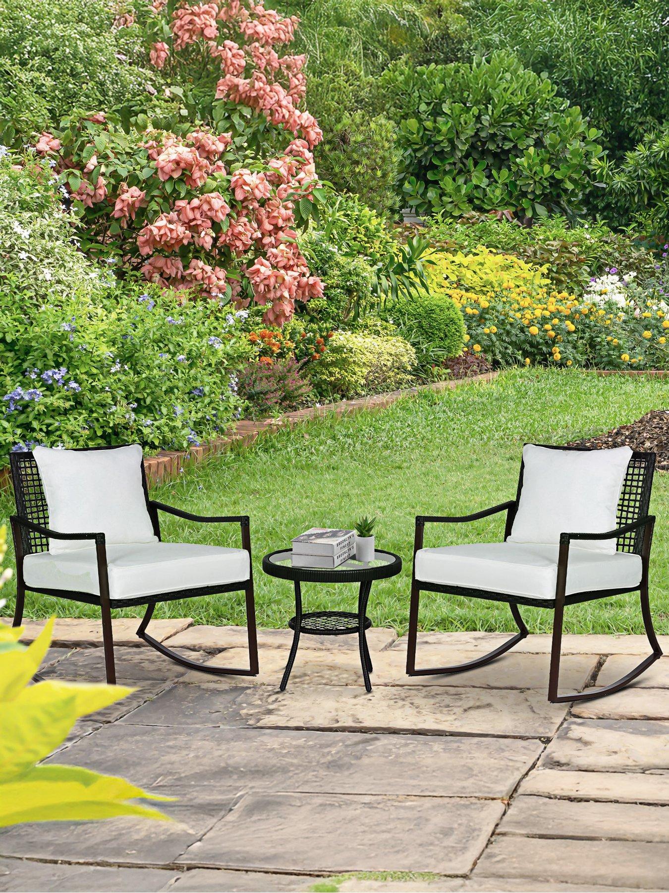 undefined 3 Pieces Rattan Garden Rocking Chair Set with Cushion,Brown