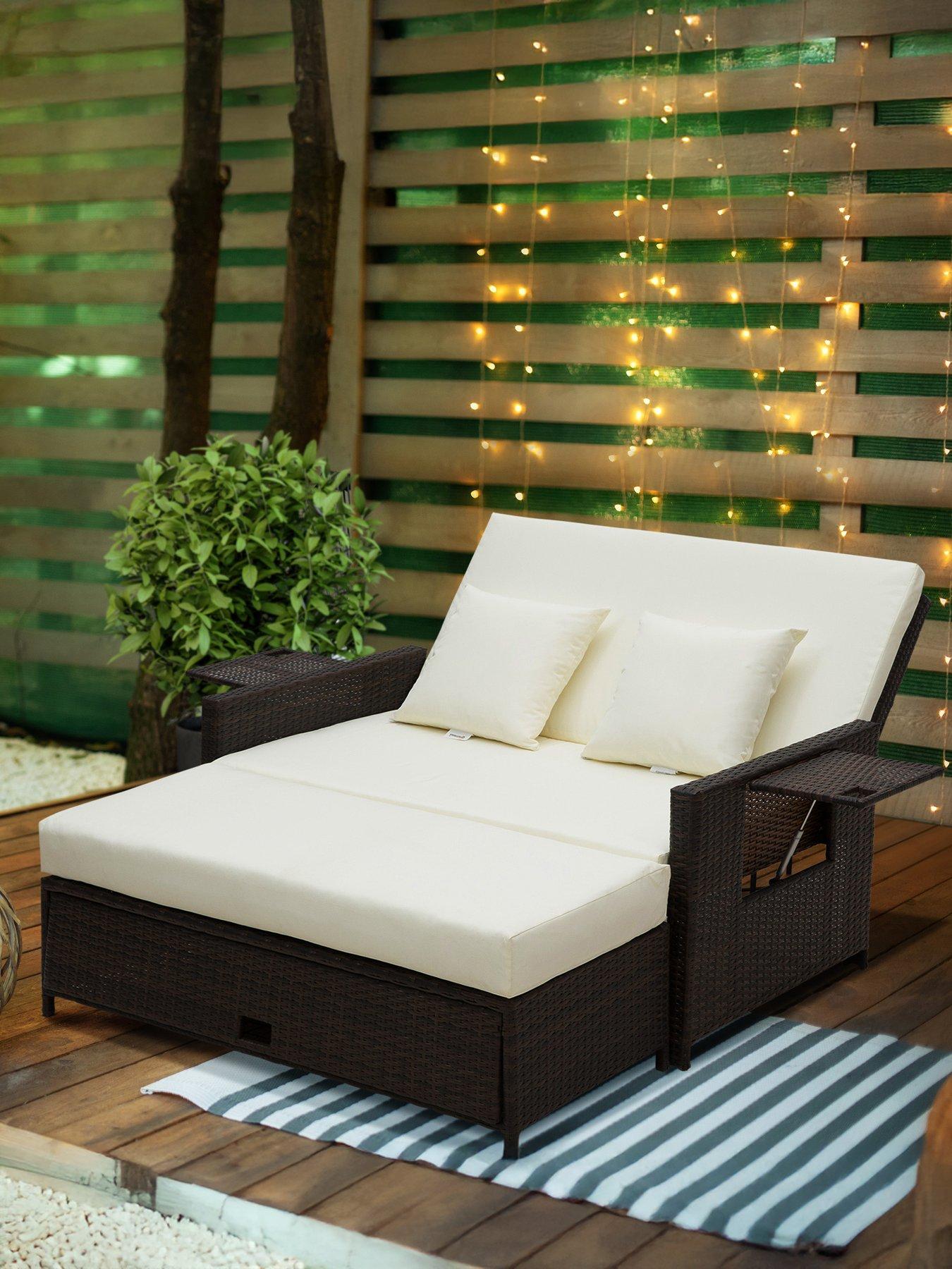 OutSunny 2 Seater Assembled Garden Patio Outdoor Rattan Furniture Sofa Sun Lounger Daybed Brown