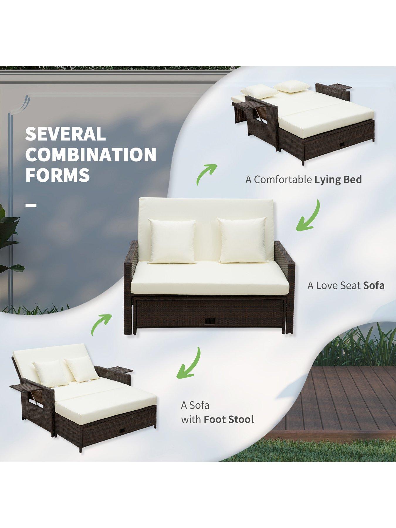 Image 5 of 7 of OutSunny 2 Seater Assembled Garden Patio Outdoor Rattan Furniture Sofa Sun Lounger Daybed Brown