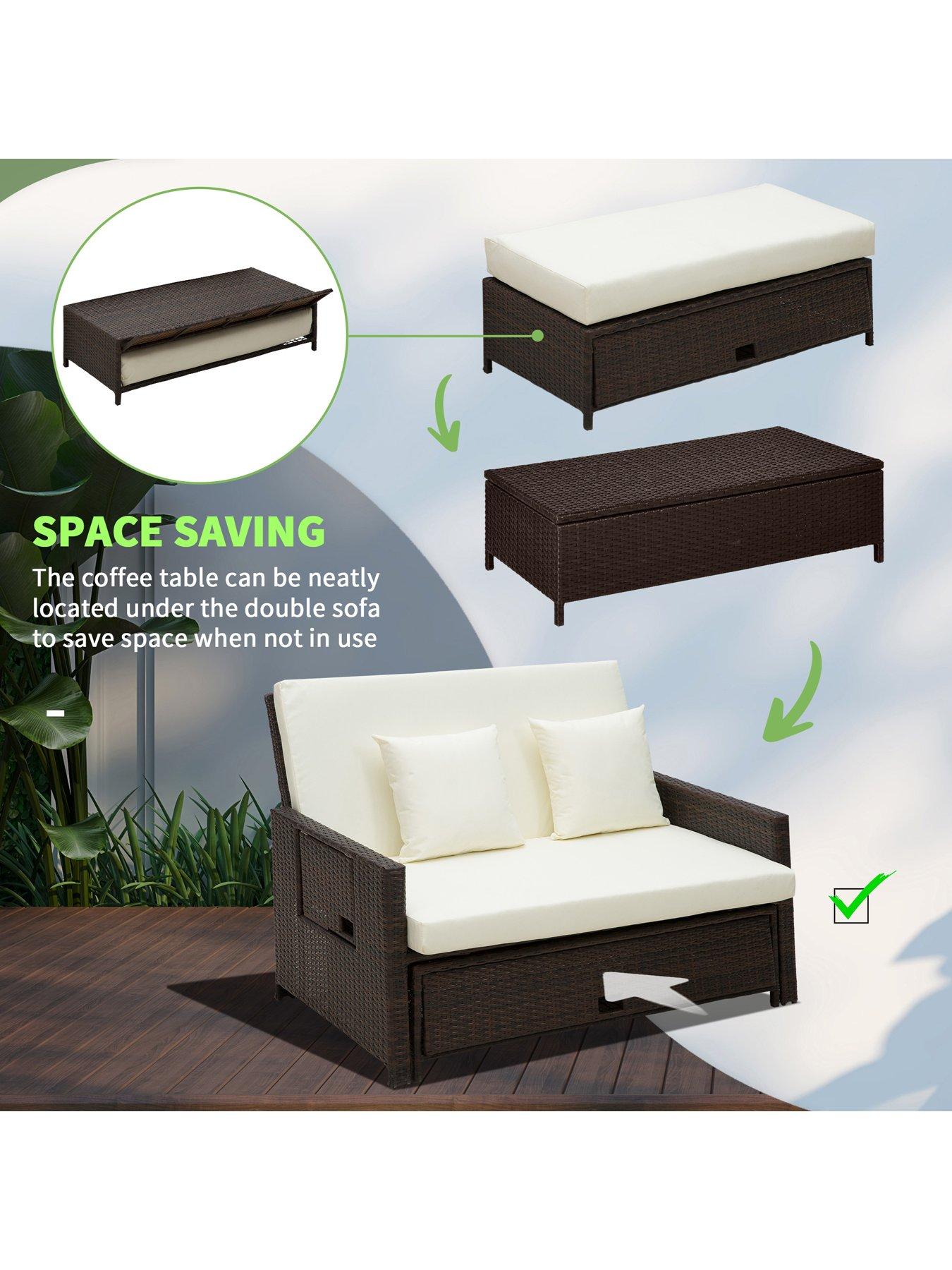 Image 6 of 7 of OutSunny 2 Seater Assembled Garden Patio Outdoor Rattan Furniture Sofa Sun Lounger Daybed Brown