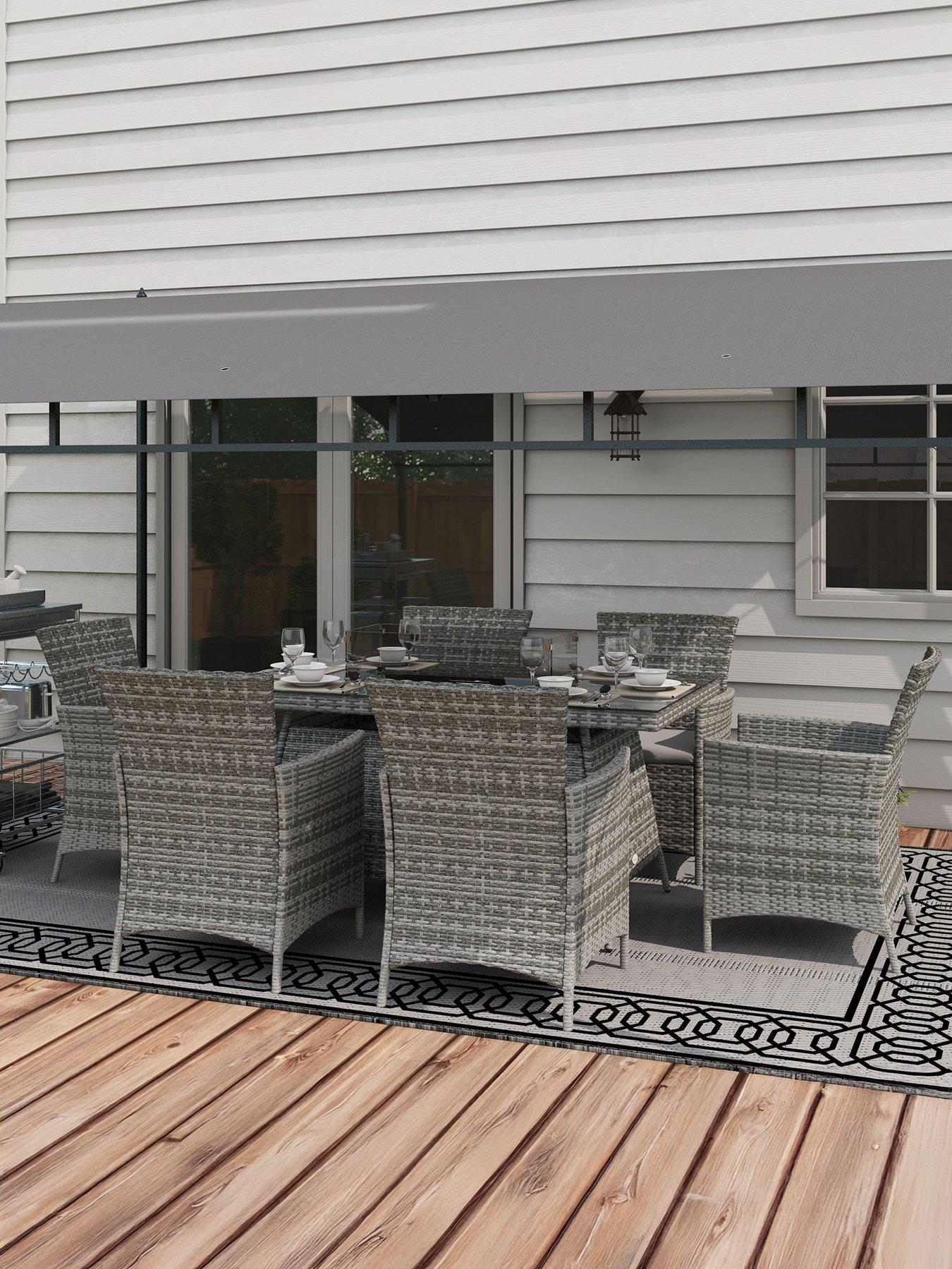 undefined 7 Pieces Outdoor Rattan Dining Set with Fire Pit Table, Grey
