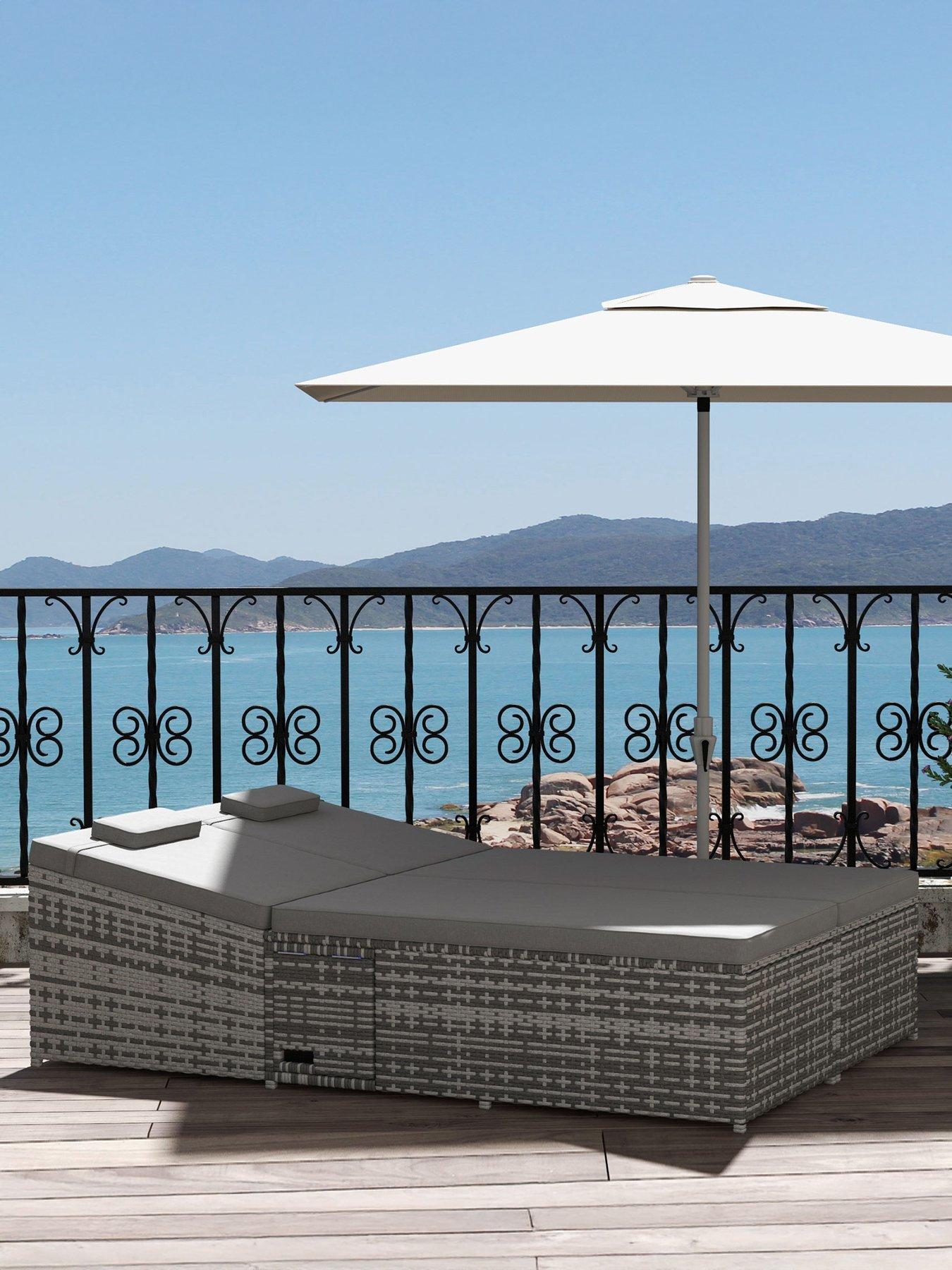 undefined Outsunny 2 Seater Double Rattan Sun Lounger Recliner Day Bed Grey