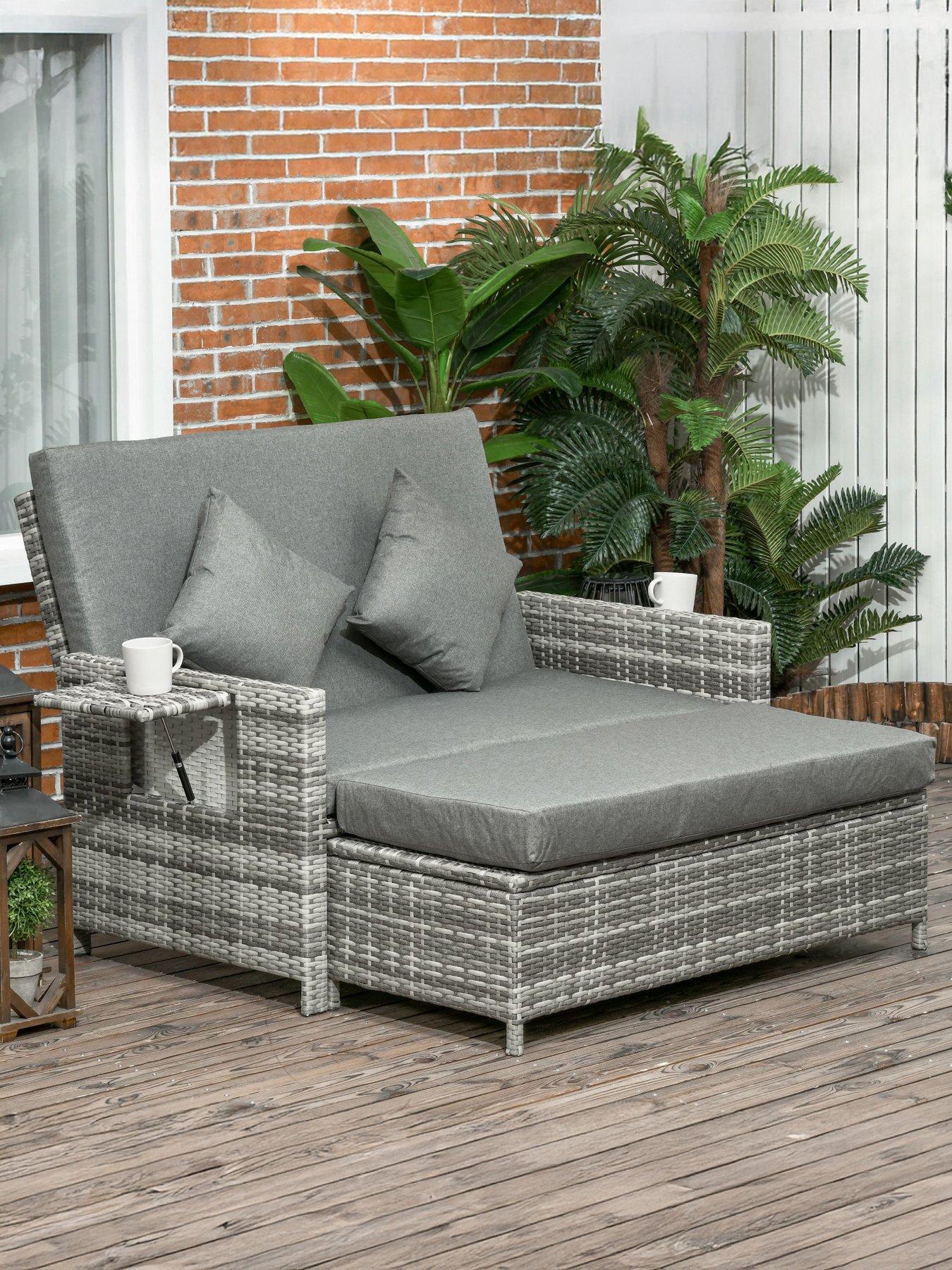 undefined Outsunny 2 Seater Rattan Furniture Sofa Sun Lounger Daybed Grey