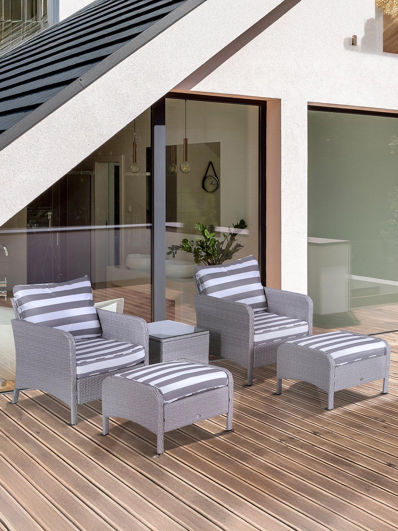undefined 5 Pieces PE Rattan Garden Furniture Set with Cushions 2 Armchairs, 2 Stools,Grey and White