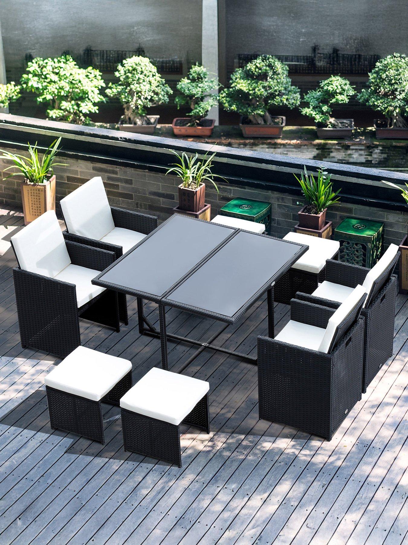 undefined 8 Seater Rattan Cube Garden Furniture Set, 4 Armchairs, 4 Stools, Black