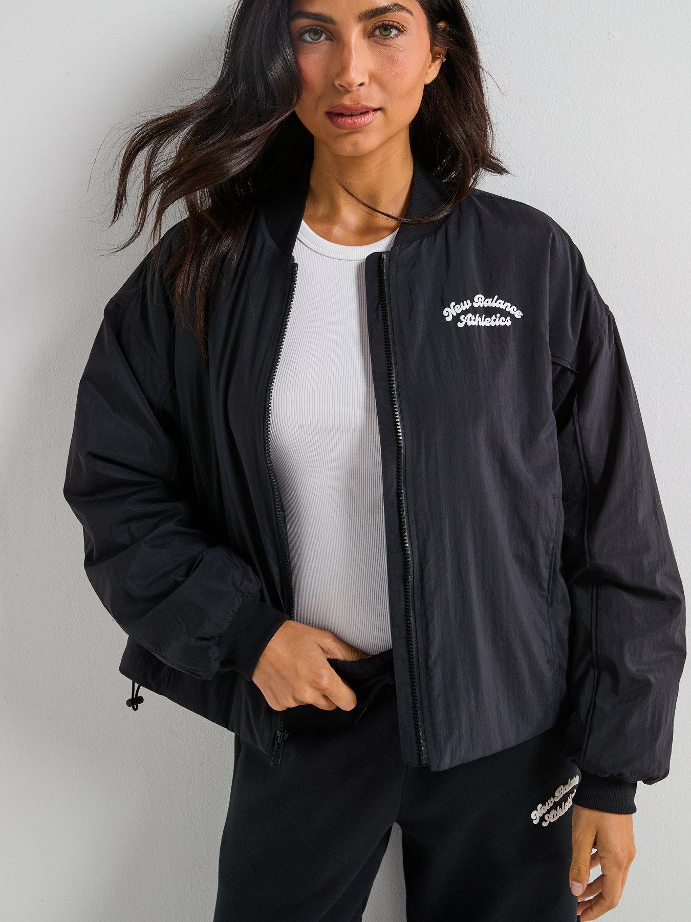 New Balance: Womens Linear Heritage Woven Bomber Jacket- Black