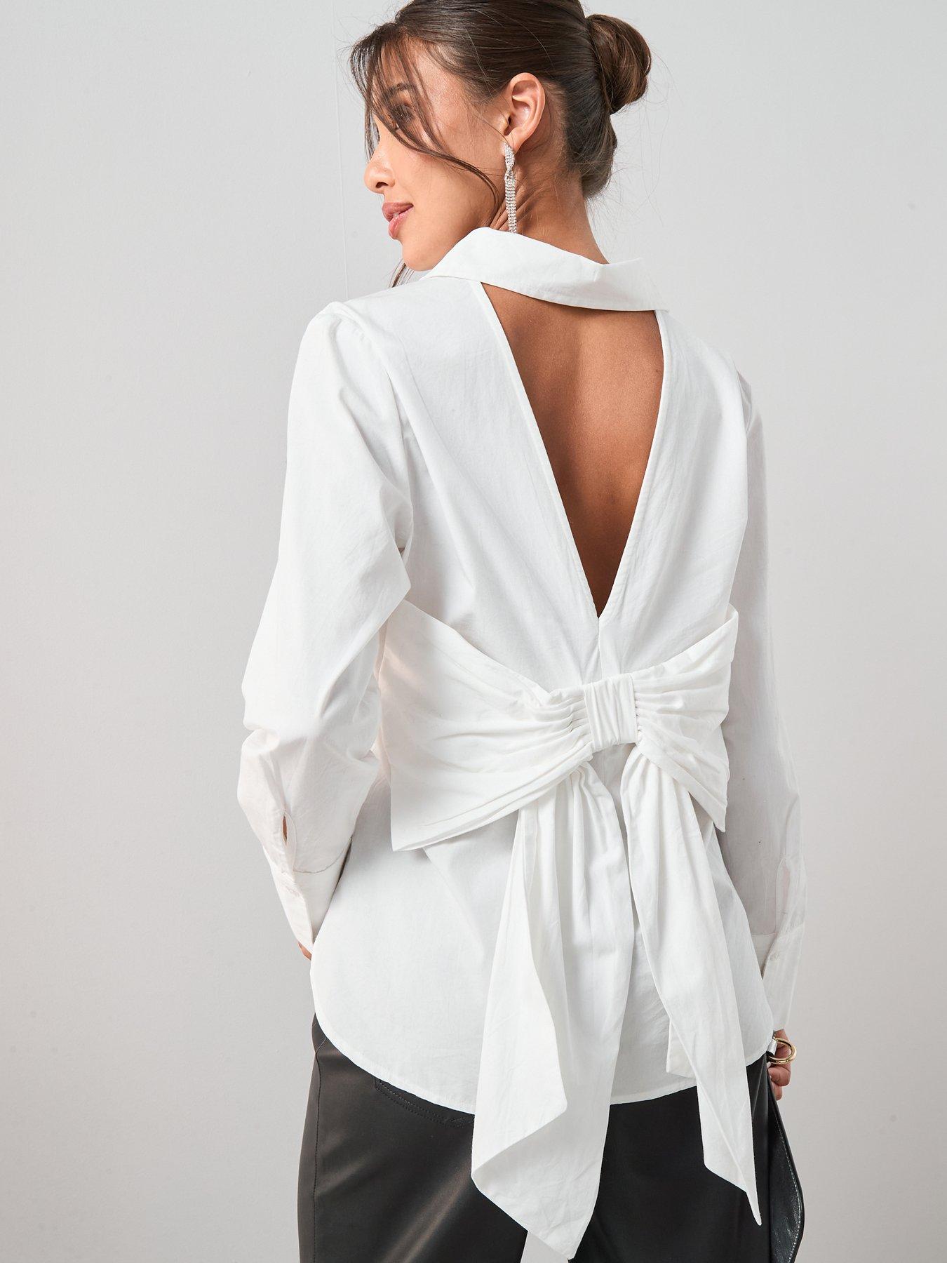 Image 1 of 5 of V by Very Bow Detail White Longline Shirt - White