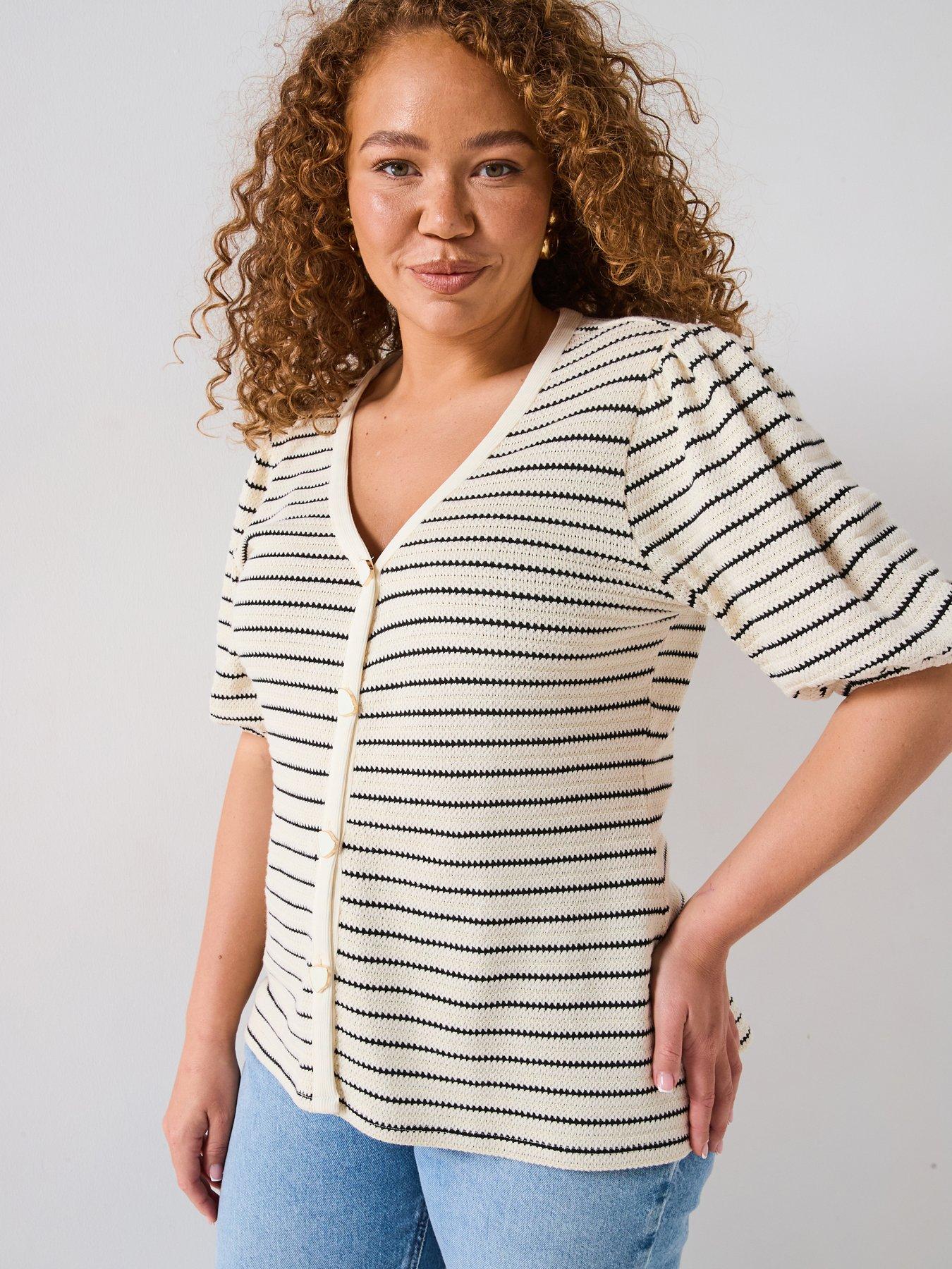 undefined Button Detail Stripe V Neck Top