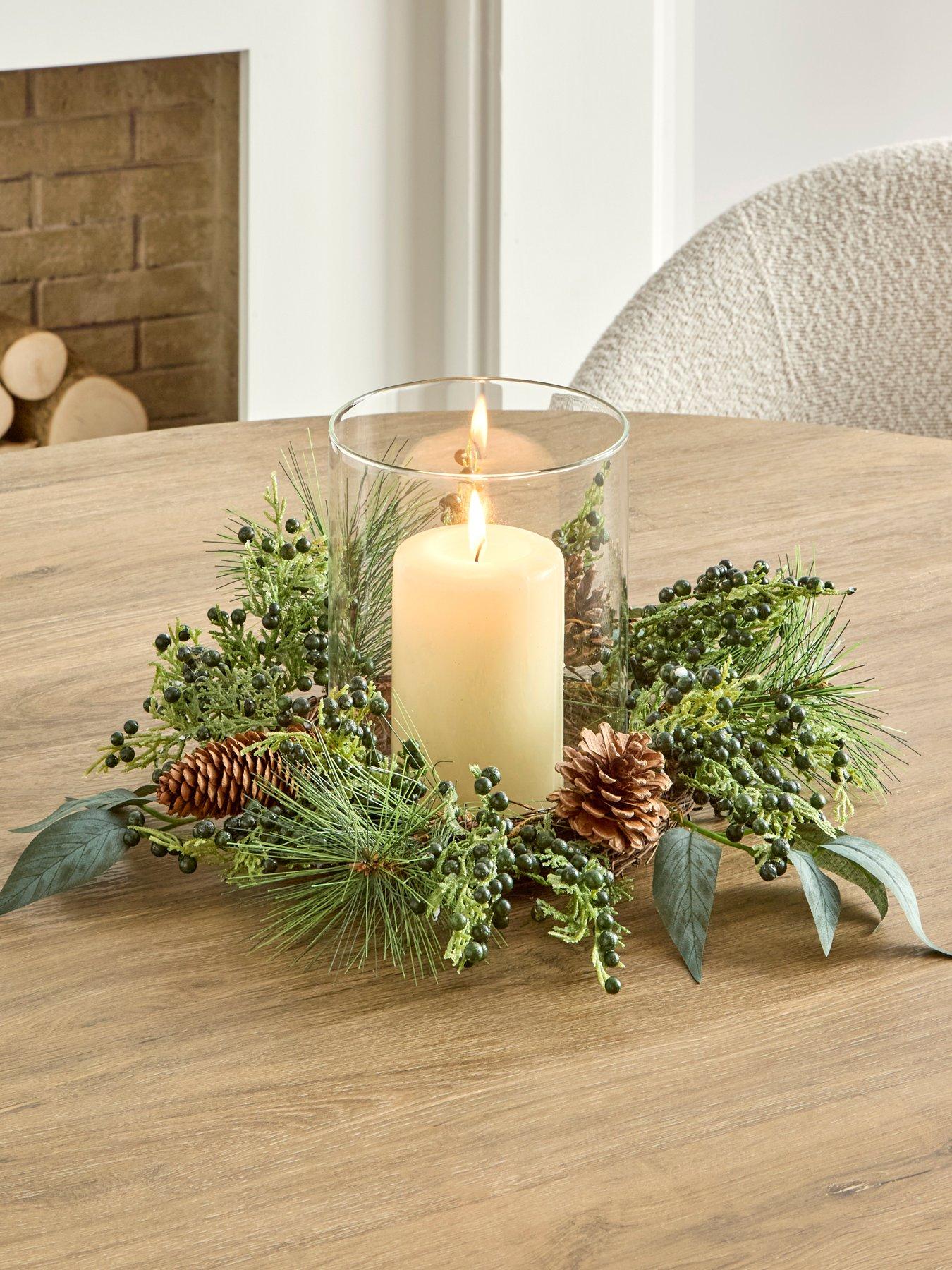Very Home Green Berries and Pinecones Hurricane Christmas Table Centre