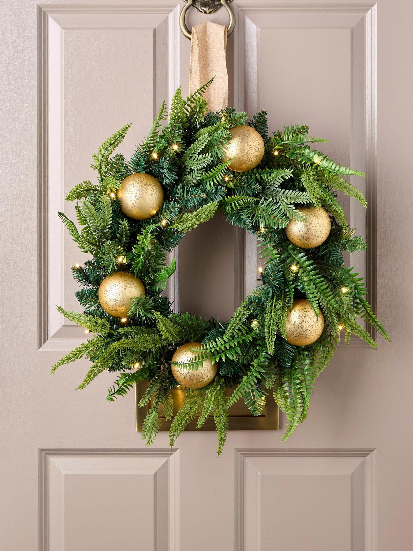 Very Home 60 cm Pre Lit Fern and Gold Bauble Oval Christmas Wreath