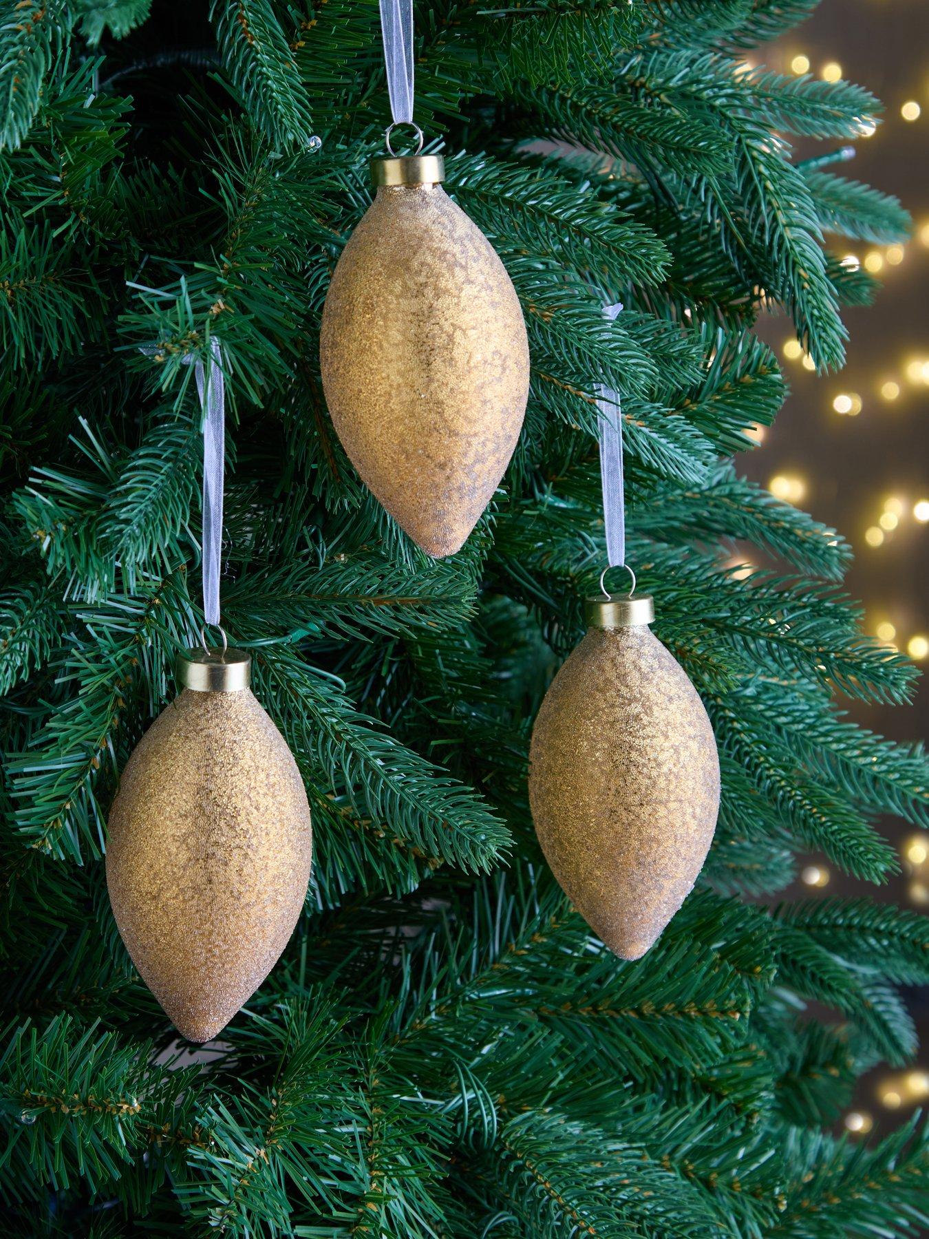 Very Home Set Of 3 Gold Crusted Teardrop Christmas Tree Baubles