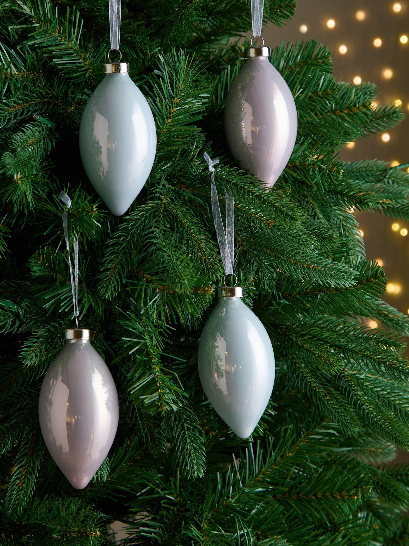 Very Home Set of 4 Pearly Teardrop Glass Christmas Tree Ornaments