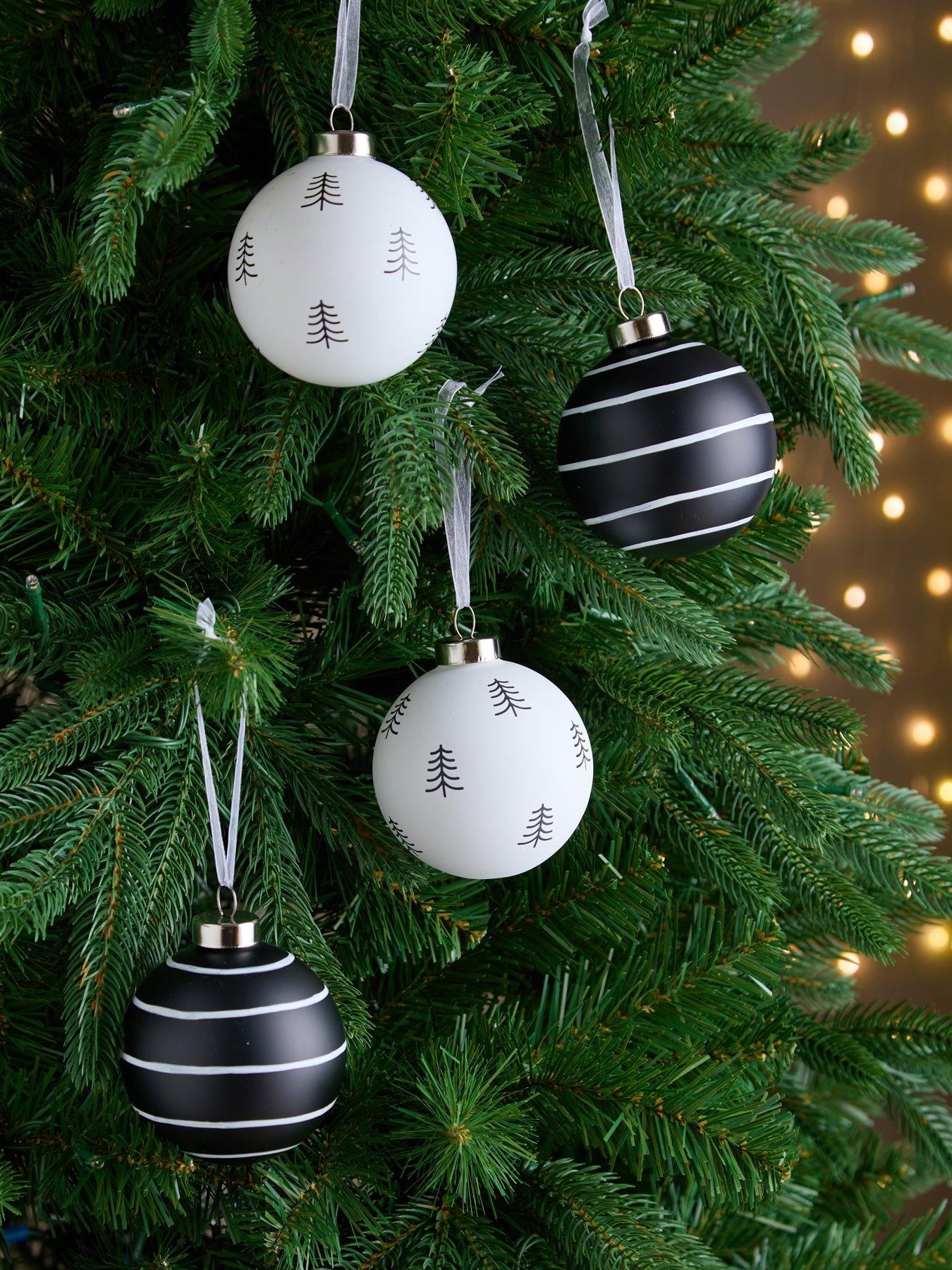 Very Home Set of 4 Stripe and Tree Christmas Baubles - Black/White