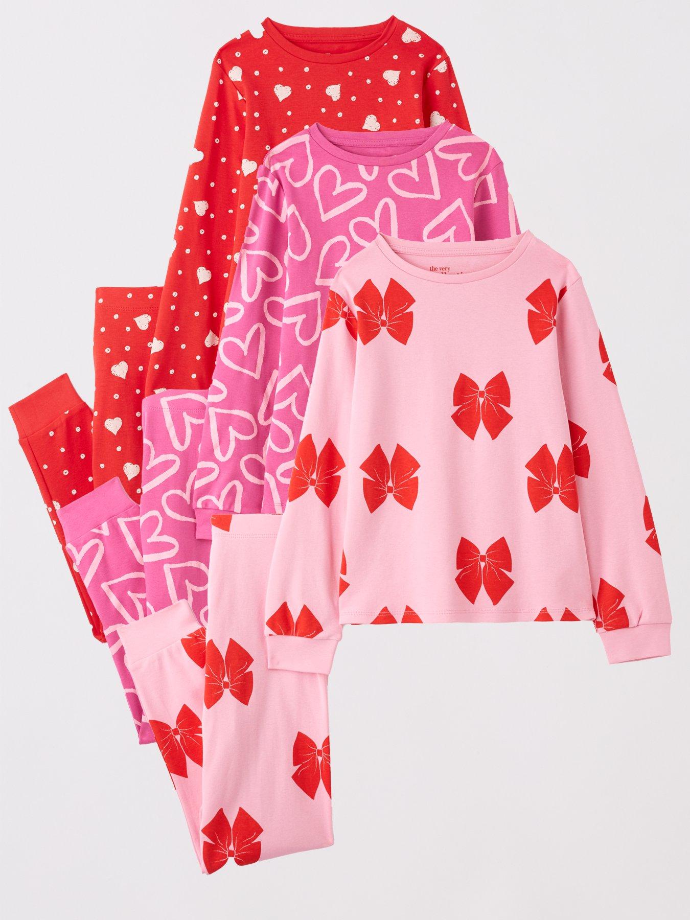 Image 1 of 4 of The Very Collection Girls 3 Pack Heart &amp; Bow Pyjamas - Multi
