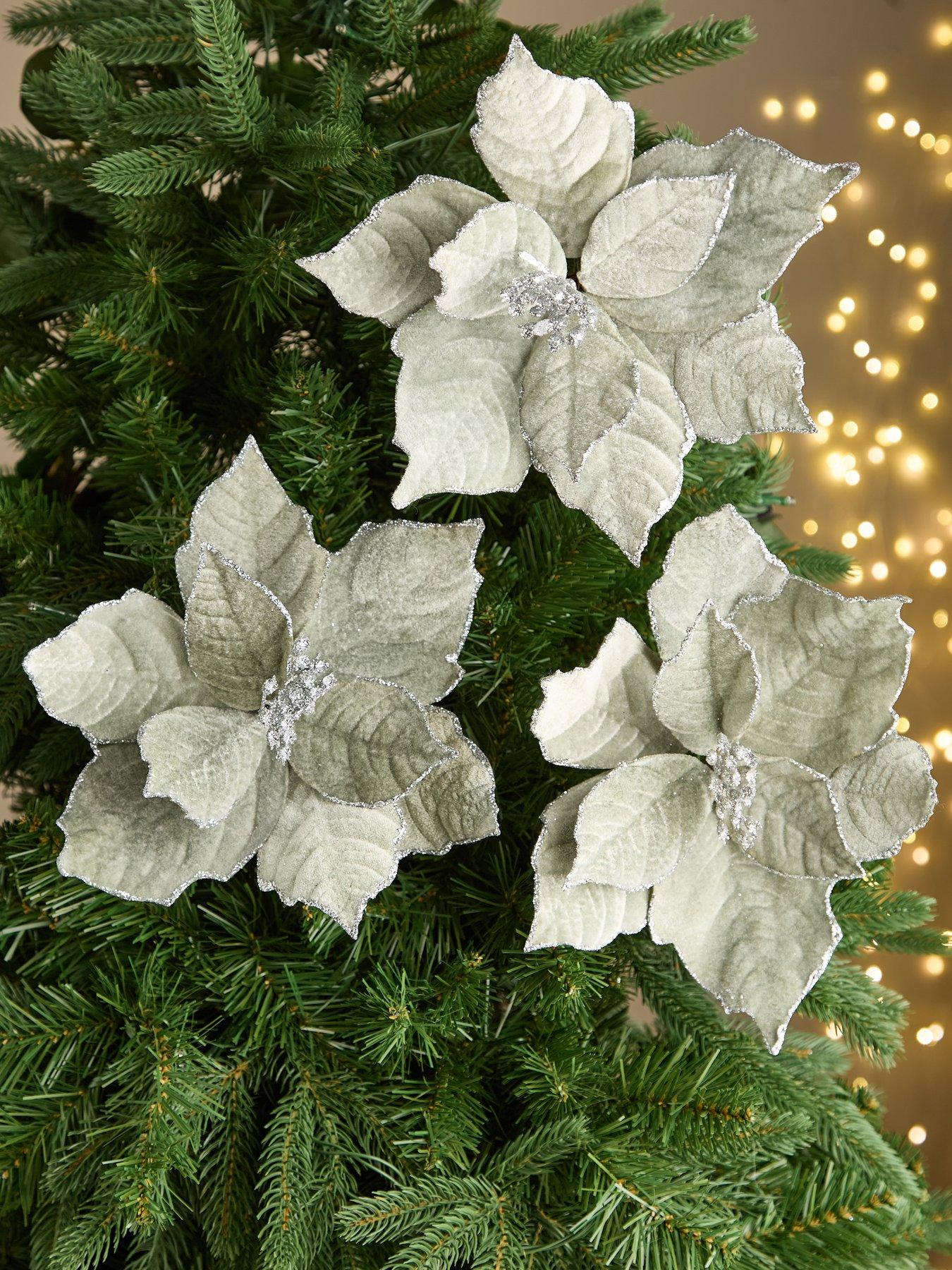 The Christmas Gift Co Set of 4 Silver Clip On Christmas Tree Flowers