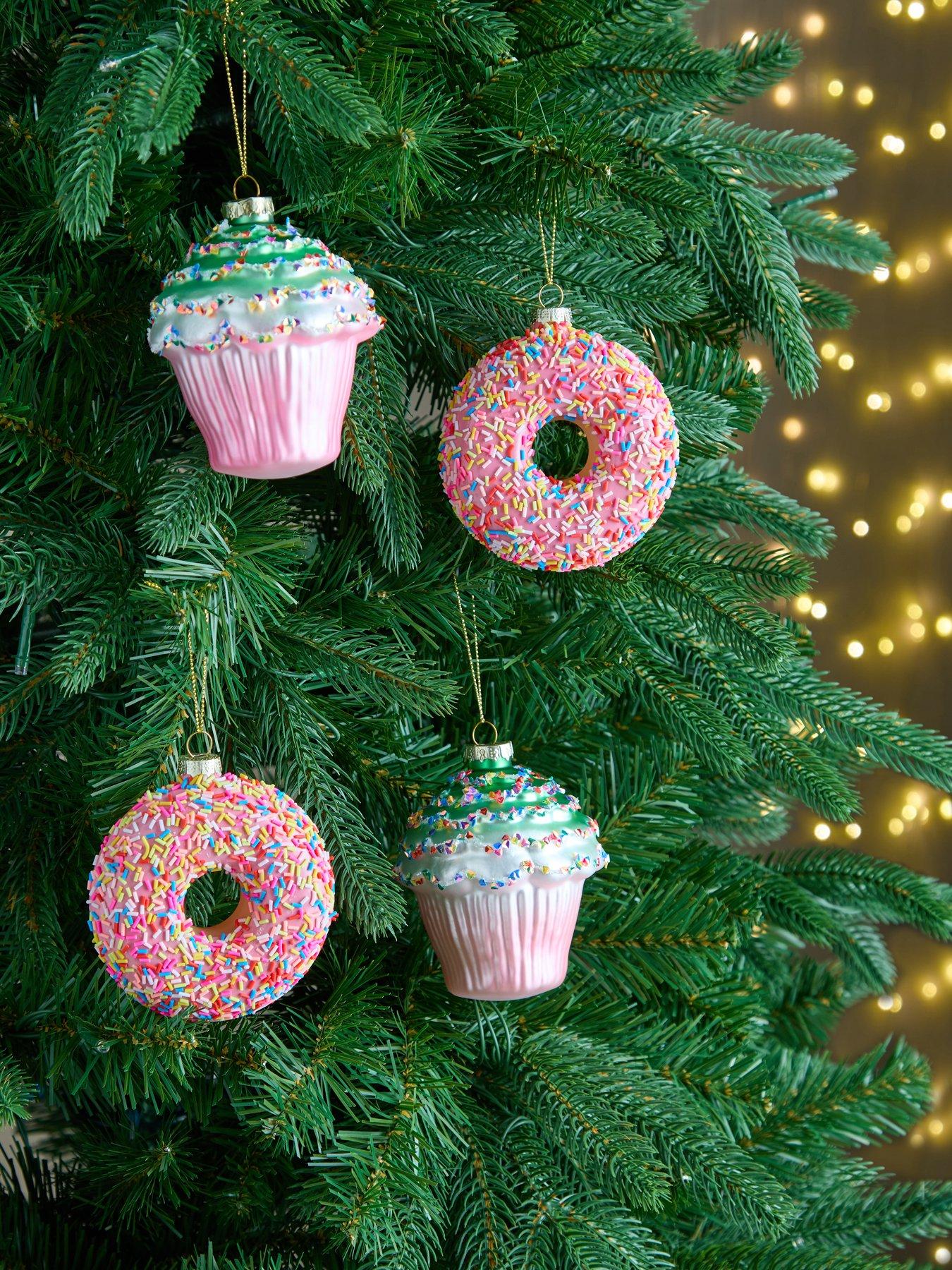 The Christmas Gift Co Set of 4 Novelty Glass Christmas Tree Decorations - Cupcake  &  Sprinkles Donut
